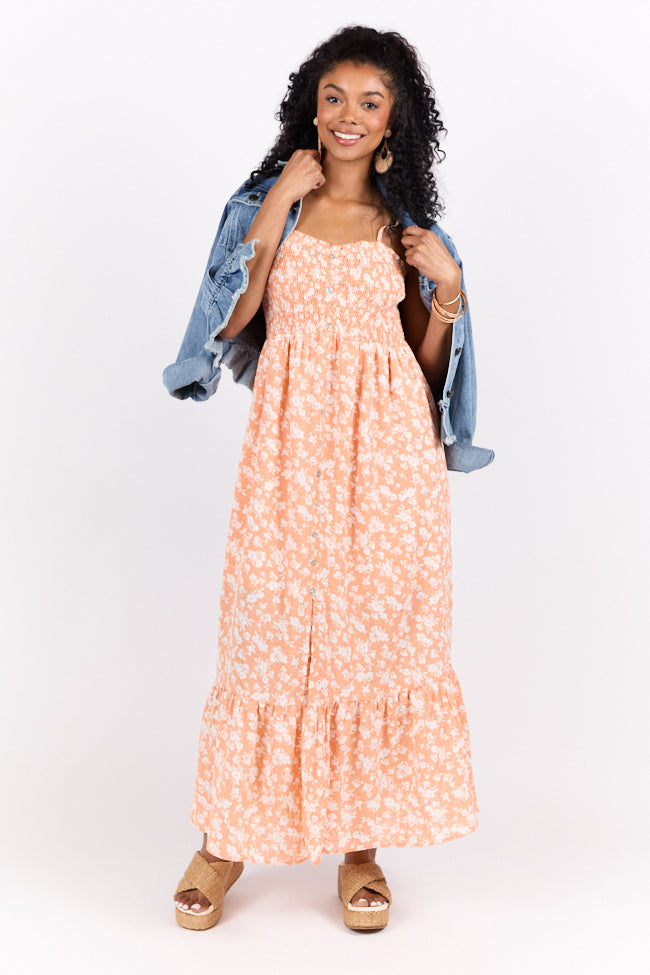 Blooming Beauty Orange Ditsy Floral Midi Dress - Women's Summer Casual Flowy Dress with Short Sleeves | Perfect for Beach Vacations, Garden Parties & Date Nights
