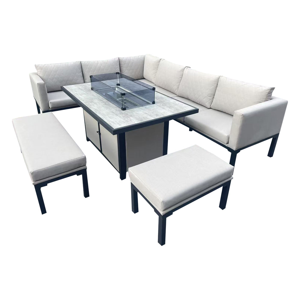 Malaga Beige L-Shaped Metal Patio Set with Rectangular Fire Pit Table - Outdoor Furniture for Garden, Backyard, and Poolside Relaxation