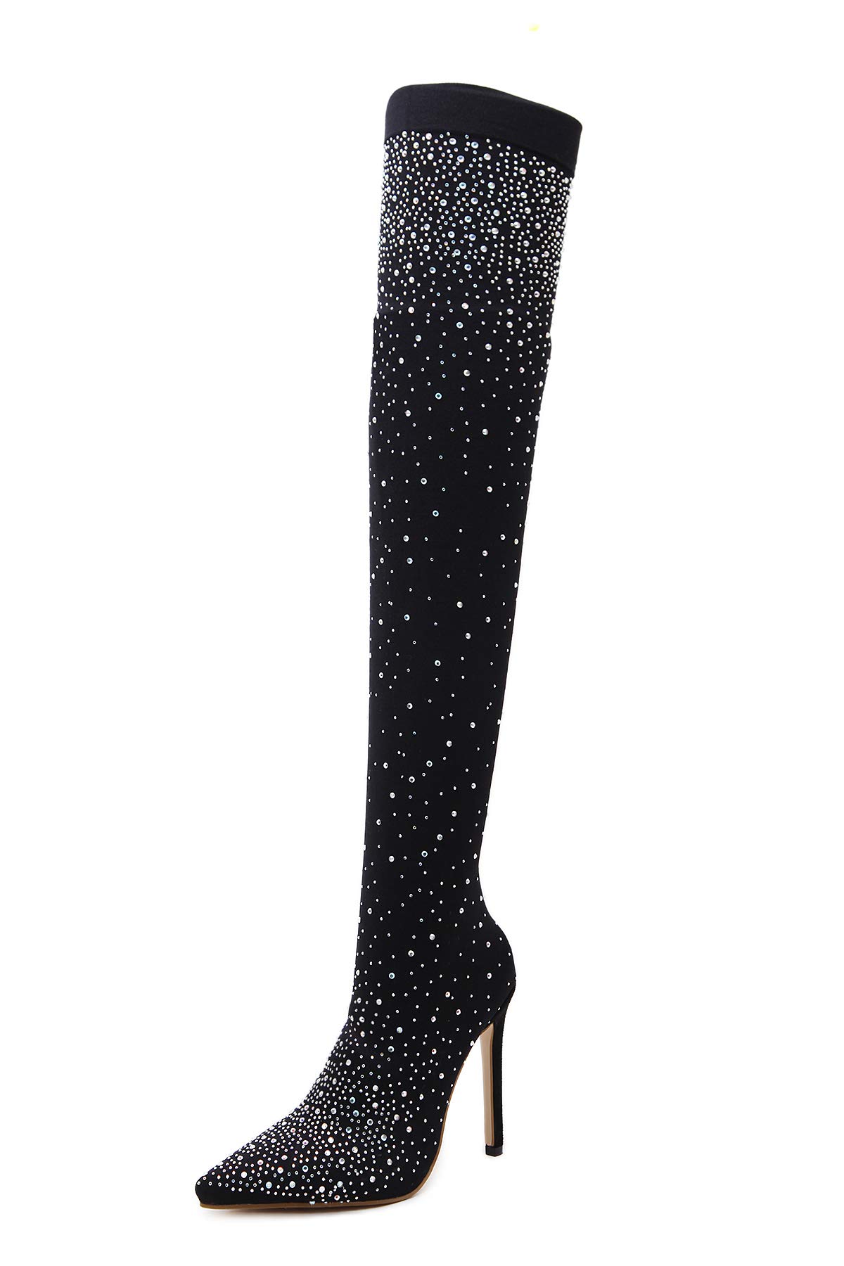 Azmodo Women's Sparkly Rhinestone Mesh Thigh High Socks - Sexy Glamorous Stretchable Pointed Toe Boots for Heels (Black) | Perfect for Evening Parties, Date Nights & Cosplay Outfits