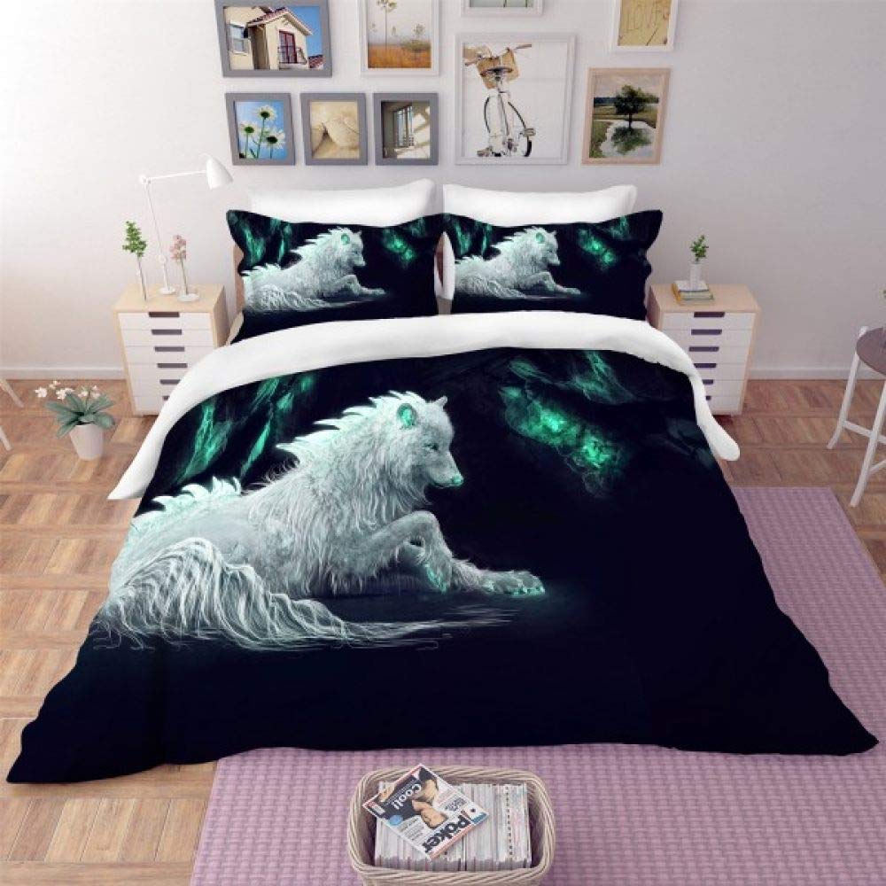 3D Printed Green Ear Wolf Bedding Set - Duvet Cover, Pillowcases, Bed Linen for Girls - Twin, Full, Queen, King Size (US Full 203x228cm) - Perfect for Kids' Rooms, Teen Bedrooms & Wolf-Themed Decor