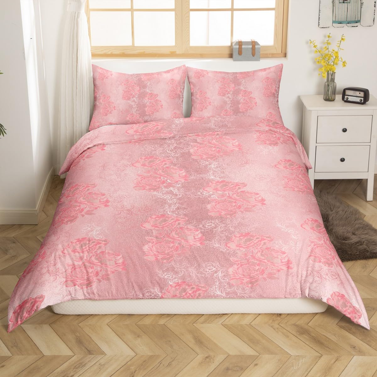 **Erosebridal Pink Damask Duvet Cover Set - Twin Size Vintage Floral Luxury Comforter Cover, Soft Microfiber Bedding with Zipper Ties - Perfect for Women, Men & Girls - Ideal for Bedroom Decor, Guest Rooms & Cozy Home Styling**