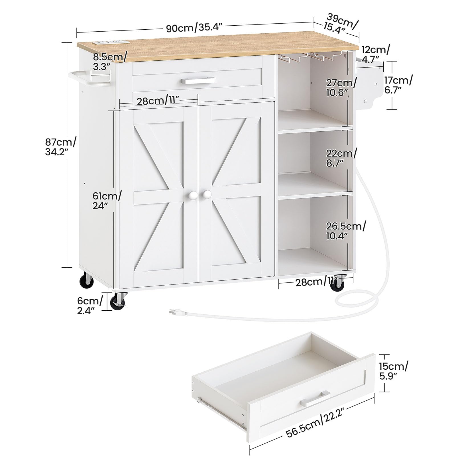 **White & Natural Kitchen Island Cart with Storage, 3 AC Outlets, Spice Rack & Wheels – Mobile Kitchen Workstation for Small Spaces, Dining Prep & Extra Counter Space**