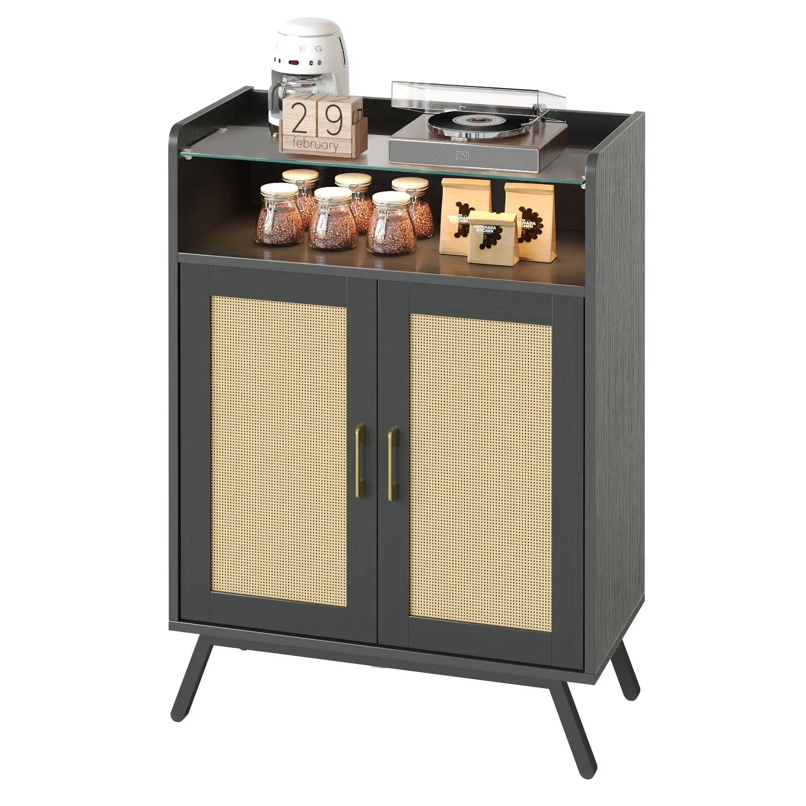 Bestier Black Rattan Storage Cabinet with Top Shelves and LED Accent Chest - Stylish Home Organization for Bedroom, Living Room & Office Decor