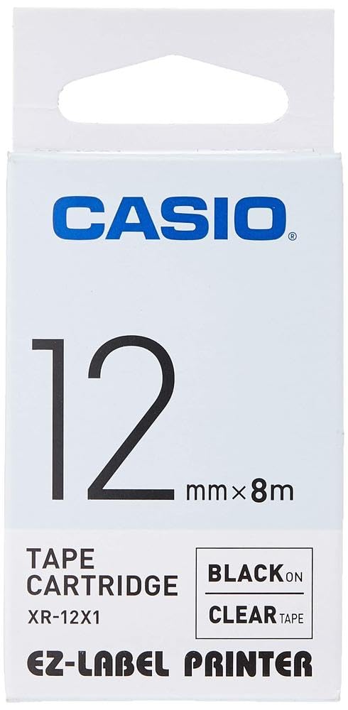 CASIO XR-12X1 EZ-Label Printer - 12mm x 8m Black on Clear Self-Adhesive Label Tape for Office, Home & Retail Organization - Compatible with XR-12 Series Label Makers