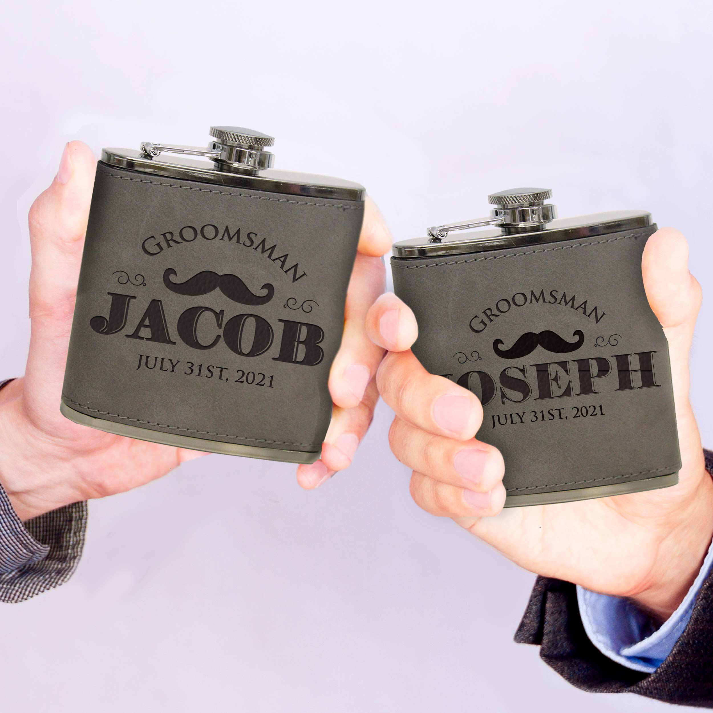 Custom Engraved Monogram Flask Gift Set with Funnel - Personalized Wedding Groomsmen Present - Gray Flask with Black Lettering - Perfect for Bachelor Parties, Anniversary Gifts & Special Occasions
