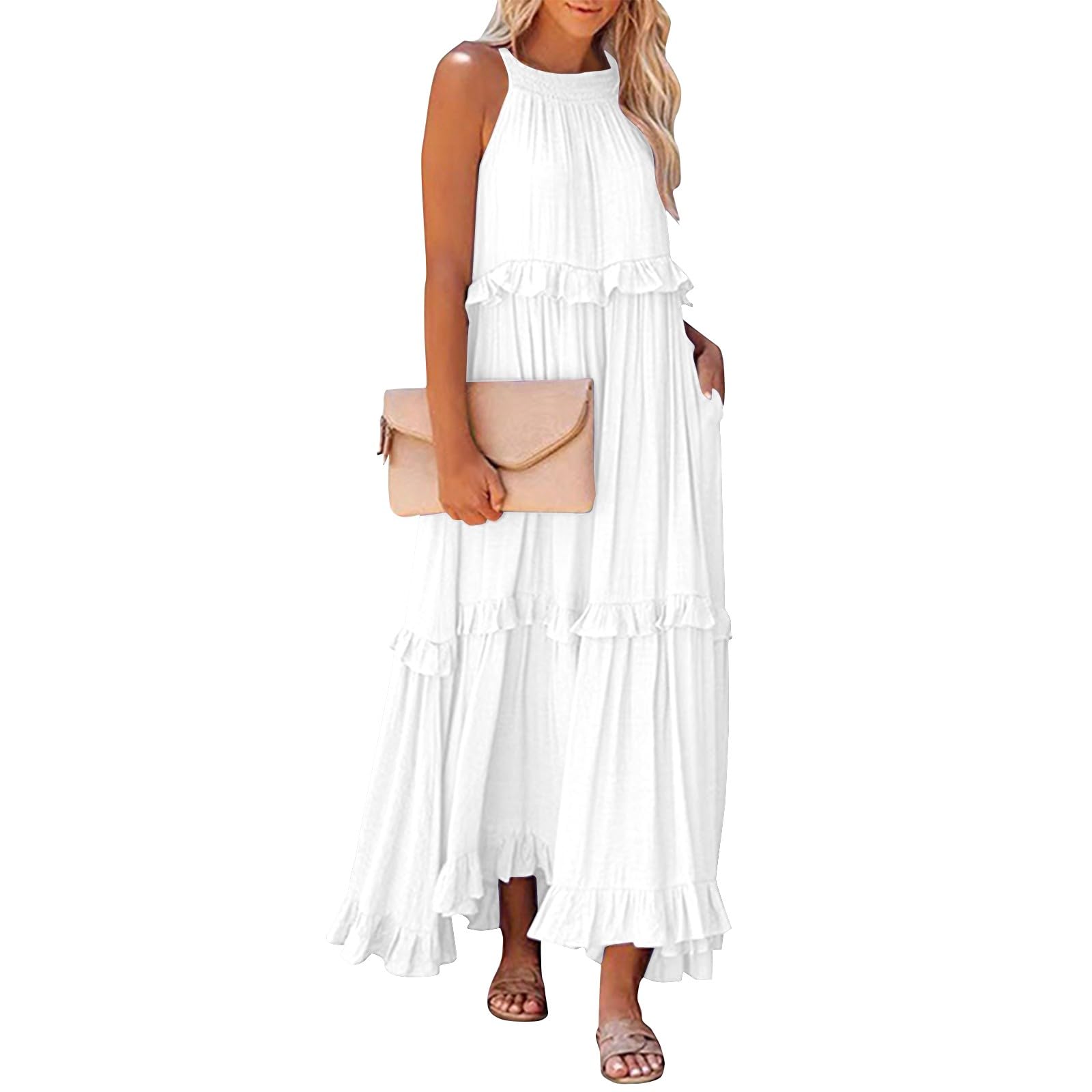 2025 Women's Summer Boho Halter Maxi Dress - Sleeveless Pleated Tiered Flowy Long Dress for Beach Vacation & Outdoor Parties | Perfect for Tropical Getaways, Music Festivals, and Summer Weddings