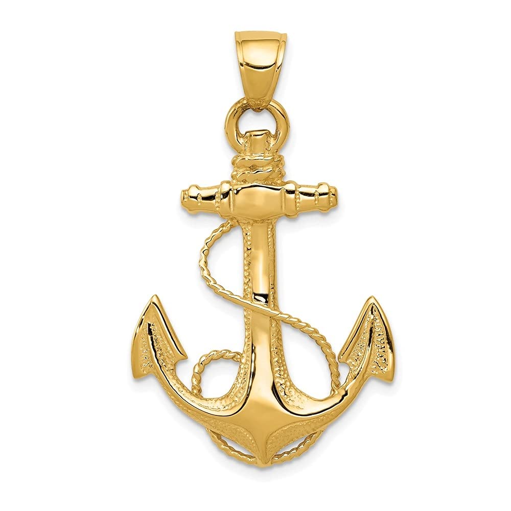 10K Yellow Gold 2-D Anchor with Rope Pendant Necklace for Women - 47mm Length, 19mm Width - Perfect for Nautical Themed Outfits and Beach Weddings