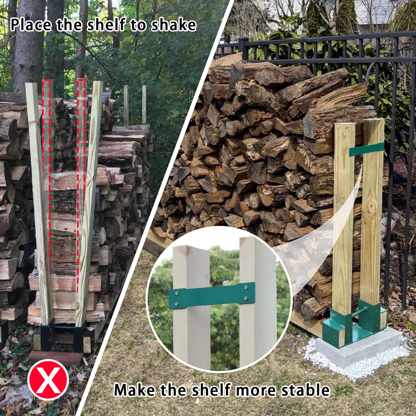 MOFEEZ Adjustable Outdoor Firewood Log Storage Rack - 2x4 Bracket Kit for Fireplace Wood Holder, Extendable to Any Length (Green, 2 Bases) - Perfect for Patio, Backyard, and Camping Firewood Organization