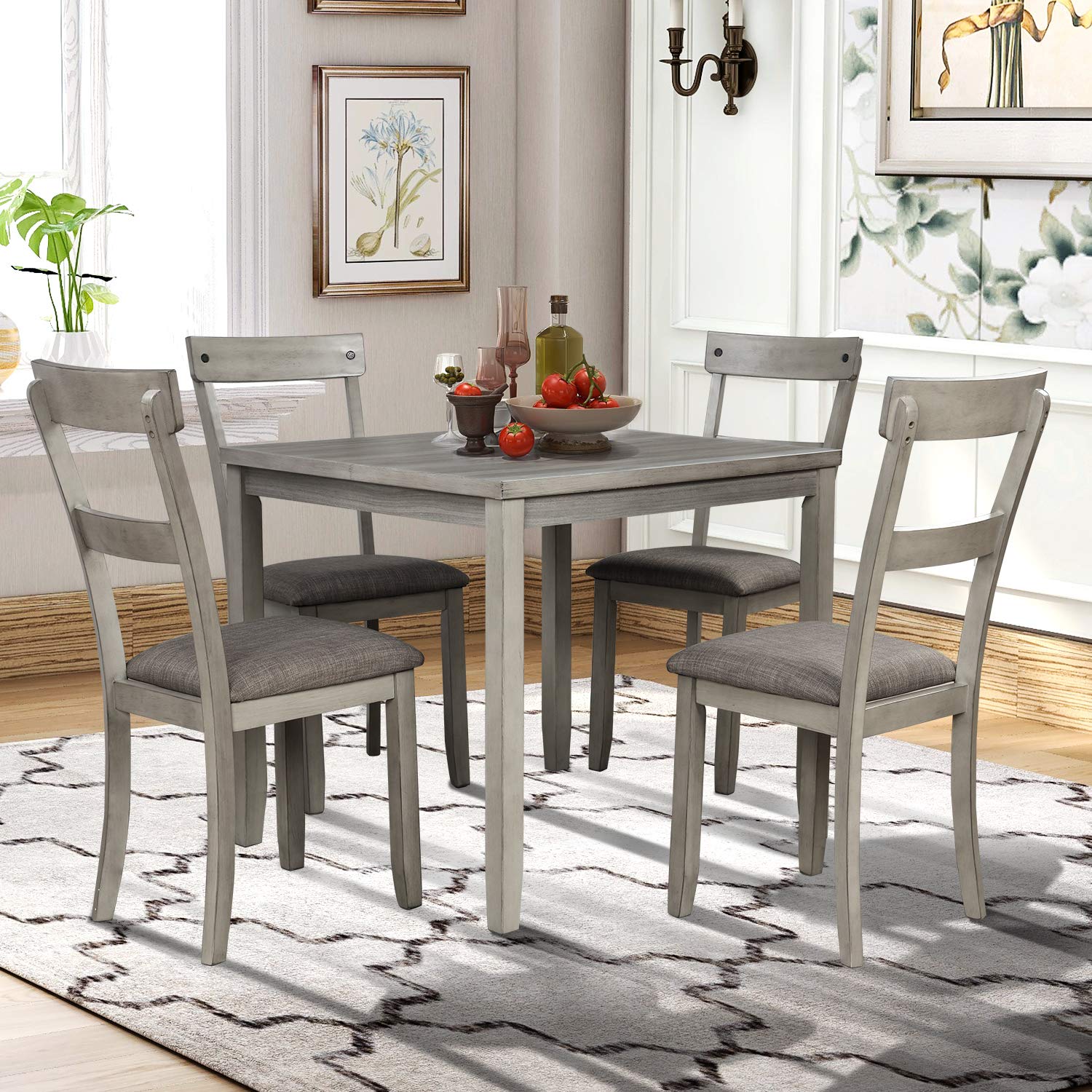 5-Piece Retro Industrial Wood Dining Table Set with 4 Upholstered Chairs - Light Grey Kitchen Table with Cushions for Small Space Dining Room, Breakfast Nook & Apartment Decor