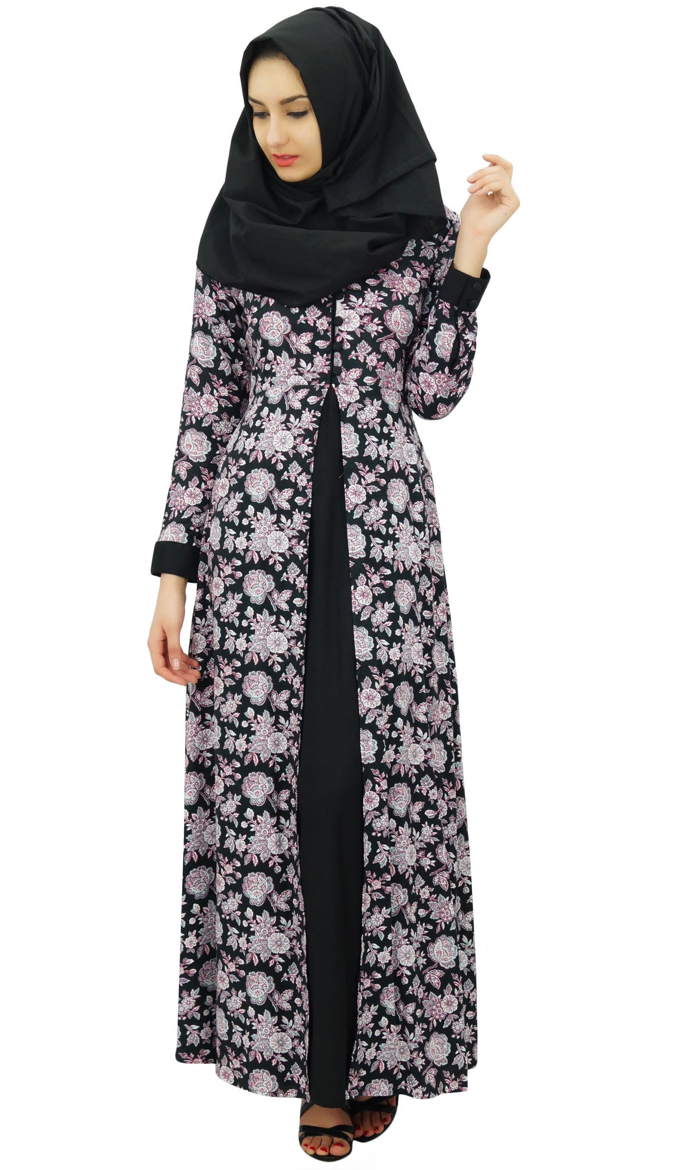 Bimba Women's Muslim Rayon Maxi Abaya Dress Floral Jilbab with Hijab - Modest Islamic Prayer Dress for Eid, Mosque & Special Occasions