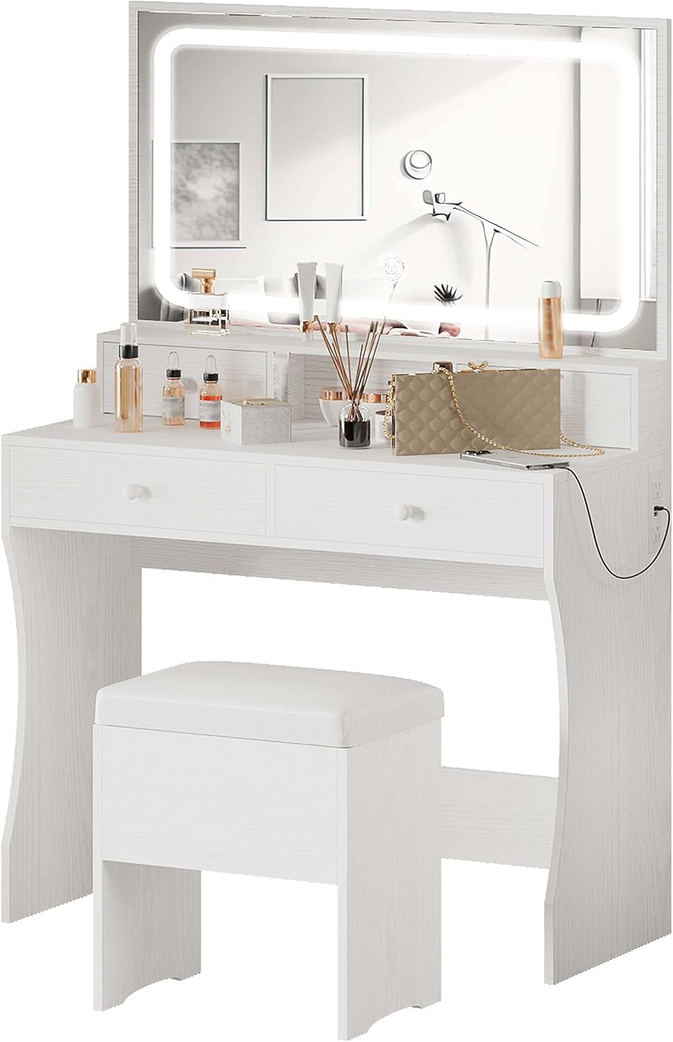 IRONCK White Vanity Desk with LED Lighted Mirror & Power Outlet - Makeup Dressing Table with 4 Drawers & Storage Bench - Perfect for Bedroom, Home Decor & Beauty Routine