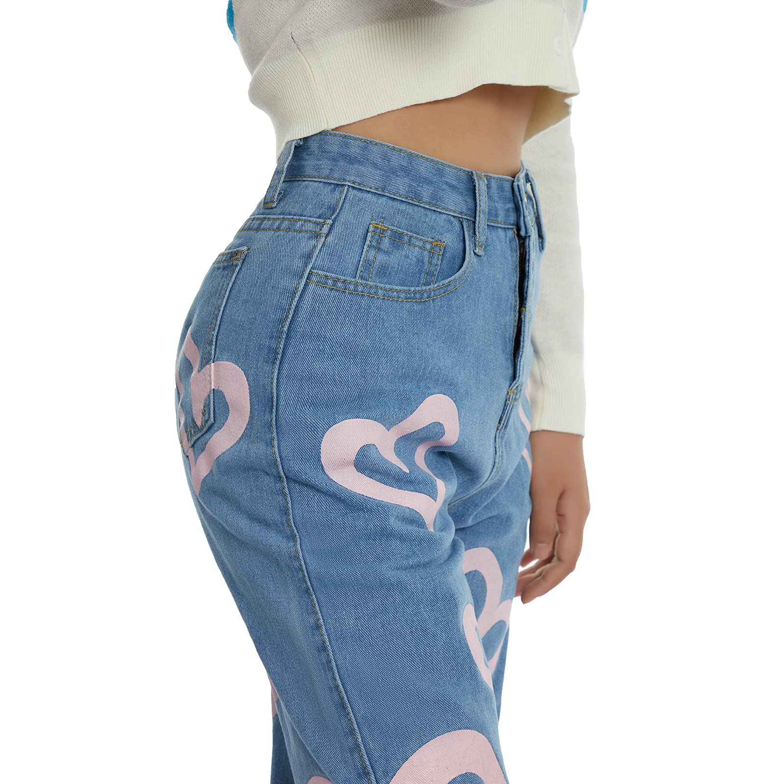 FOMOYUU Women's High Waist Loose Fit Printed Jeans - Y2K Retro Straight Leg Wide Pants for Streetwear & Casual Outfits | Perfect for Daily Wear, Parties, and Fashion Street Style
