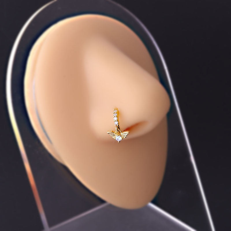 18K Gold Cross Dangle Hoop Nose Ring - Elegant Religious Jewelry for Women | Perfect for Everyday Wear, Parties & Special Occasions | HSPJ670