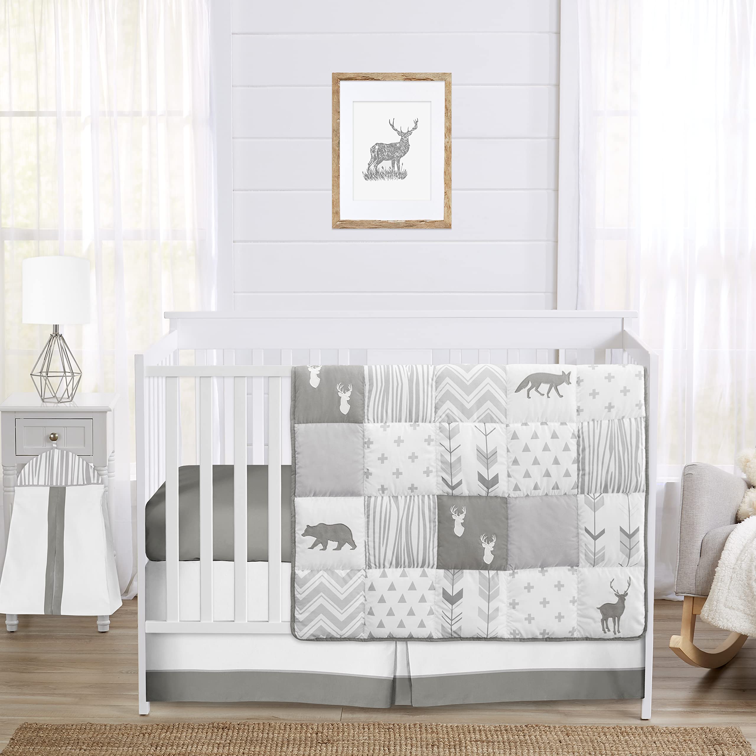 Sweet Jojo Designs Grey and White Woodsy Deer Baby Crib Bedding Set - 4 Piece Nursery Set for Boys, Girls & Unisex - Perfect for Cozy Nurseries, Baby Showers & Gender-Neutral Themes