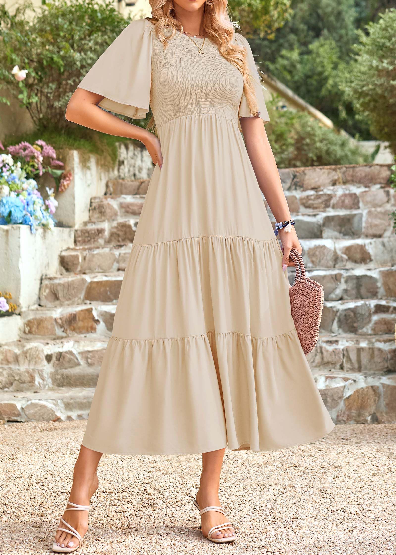 KIRUNDO Women's Flutter Short Sleeve Midi Dress - Smocked Tiered A-Line Summer Dress for Casual Outings, Beach Vacations & Date Nights | Spring Summer Fashion 2025