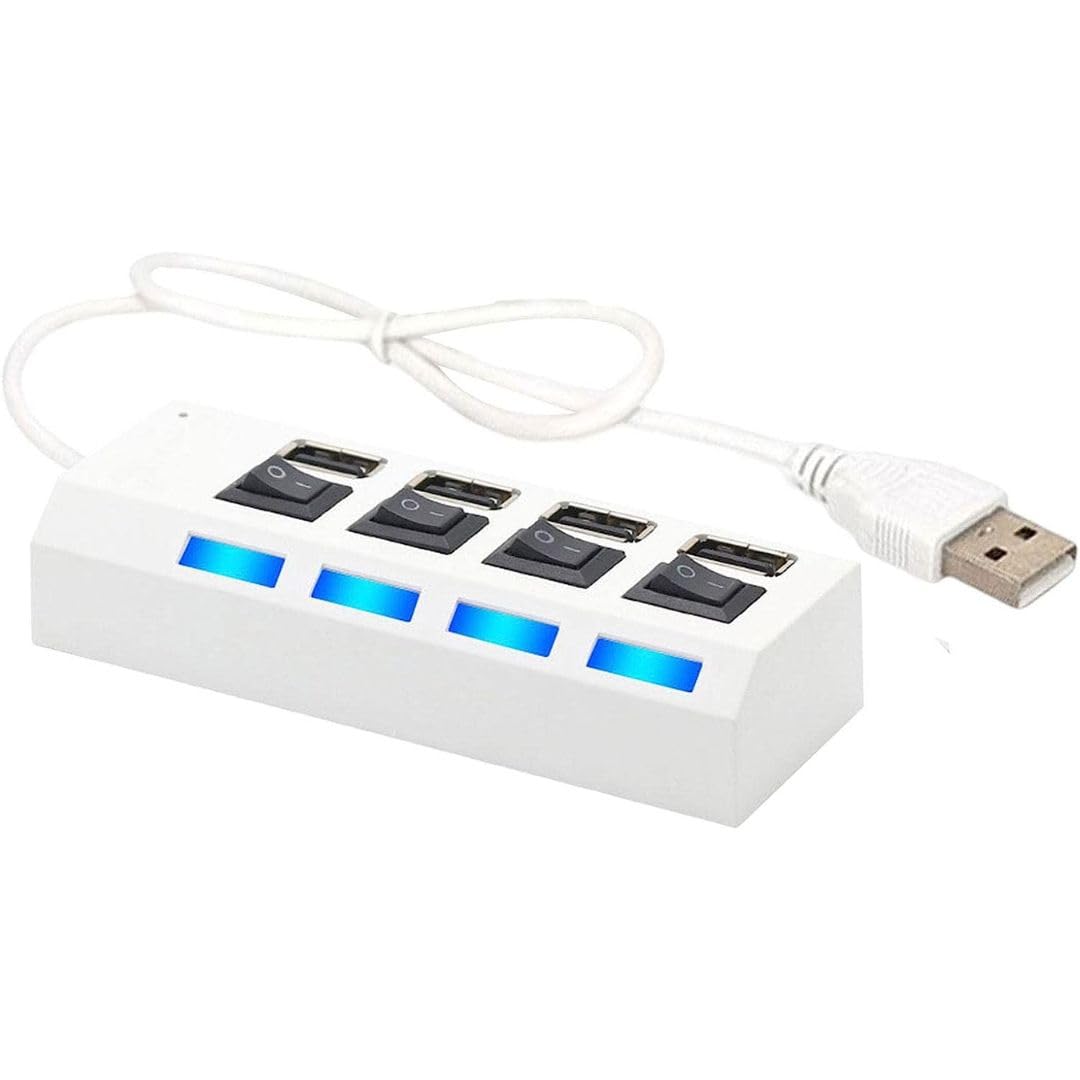 4-Port USB 2.0 Hub with LED Indicators & Power Switches - Portable USB Extension Hub for Laptop, PC, Mac - USB Splitter Adapter for Charging & Data Transfer (White) - Perfect for Home Office, Gaming & Travel Use