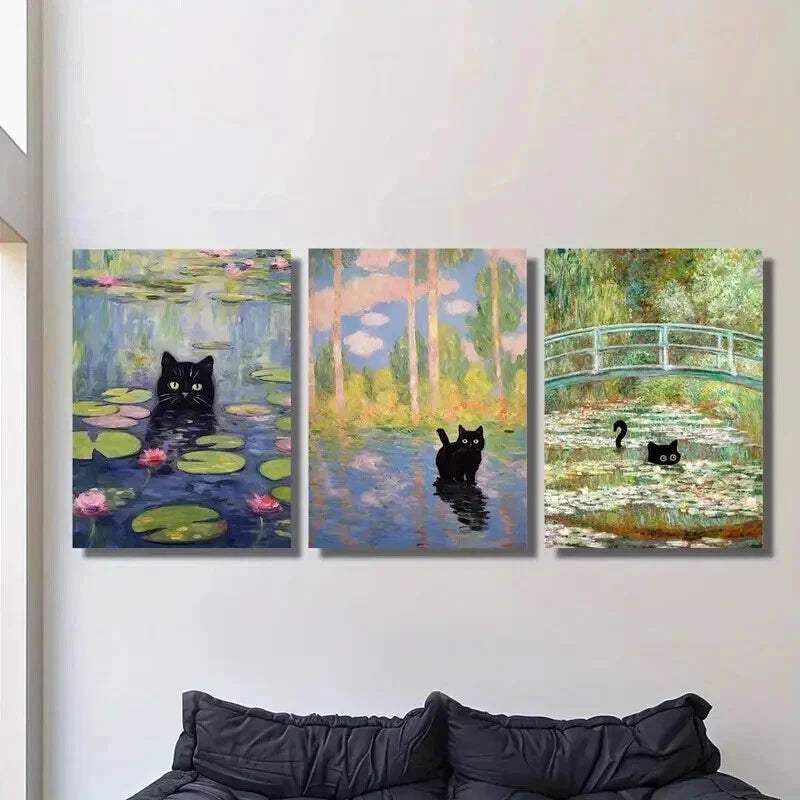 3-Piece Black Cat Monet-Inspired Wall Art Set - Framed Canvas 50x70cm | High Quality Print | 100% Australian Made | Ready to Hang | Perfect for Living Room, Bedroom & Office Decor