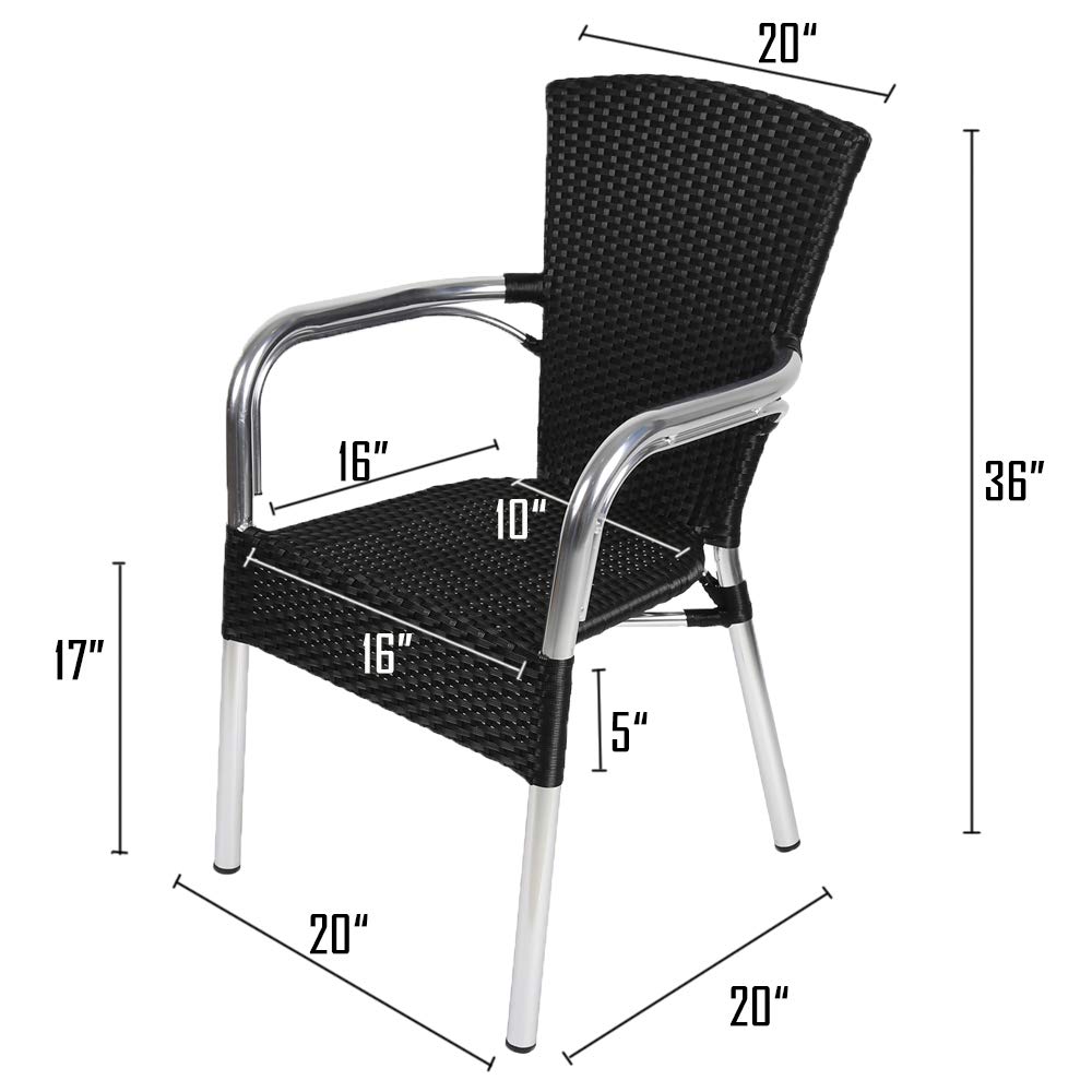 Set of 4 Black Stackable Wicker Chairs - Rattan & Aluminum Frame Ultra-Lightweight Outdoor Patio Dining Chairs for Garden, Poolside, and Backyard Relaxation