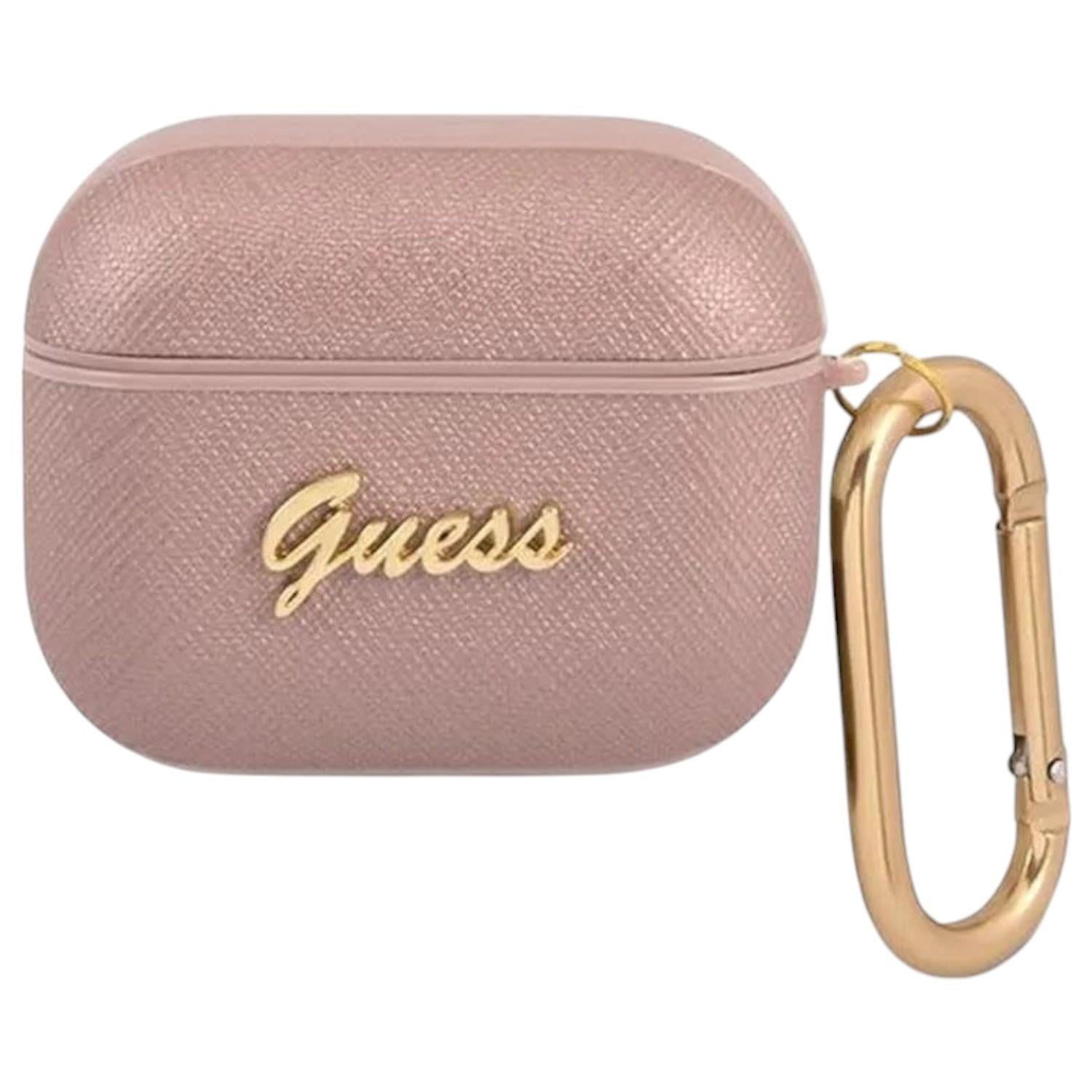 Guess Script Metal Collection Case for AirPods 3 - Pink Saffiano Leather Protective Cover | Stylish & Durable Accessory for Travel, Work & Everyday Use