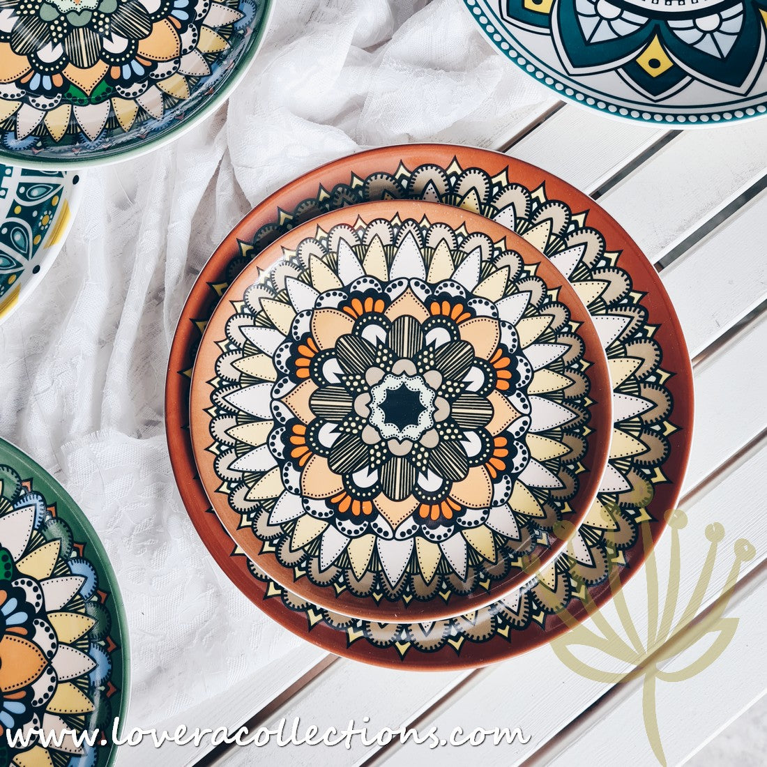 Mandala Green & White Salad Plate Set - Elegant Hand-Painted Ceramic Dinnerware for Home & Restaurant Use - Perfect for Salads, Appetizers, Desserts & Party Serving