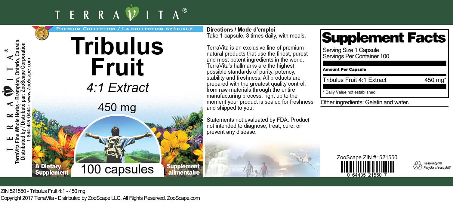 Tribulus Terrestris Extract 4:1 - 450mg per Serving | 100 Vegetarian Capsules | Natural Testosterone & Energy Booster | Supports Workout Performance & Vitality | ZIN: 521550 | Ideal for Athletes, Bodybuilders & Fitness Enthusiasts