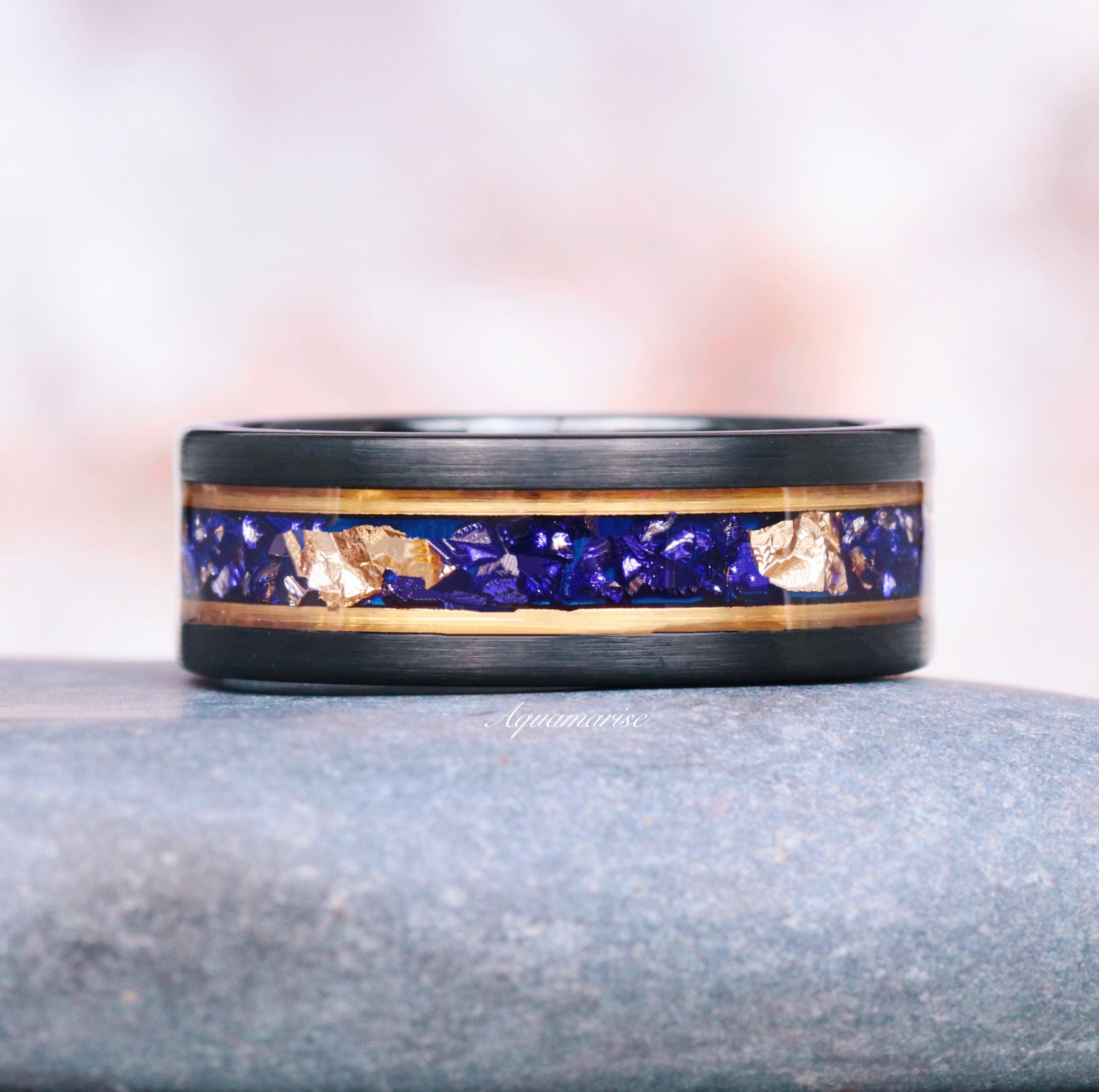 Blue Sapphire & Gold Leaf Wedding Band - 8mm Black Tungsten Ring for Men - Elegant & Durable Wedding Jewelry for Grooms, Anniversaries & Special Occasions
