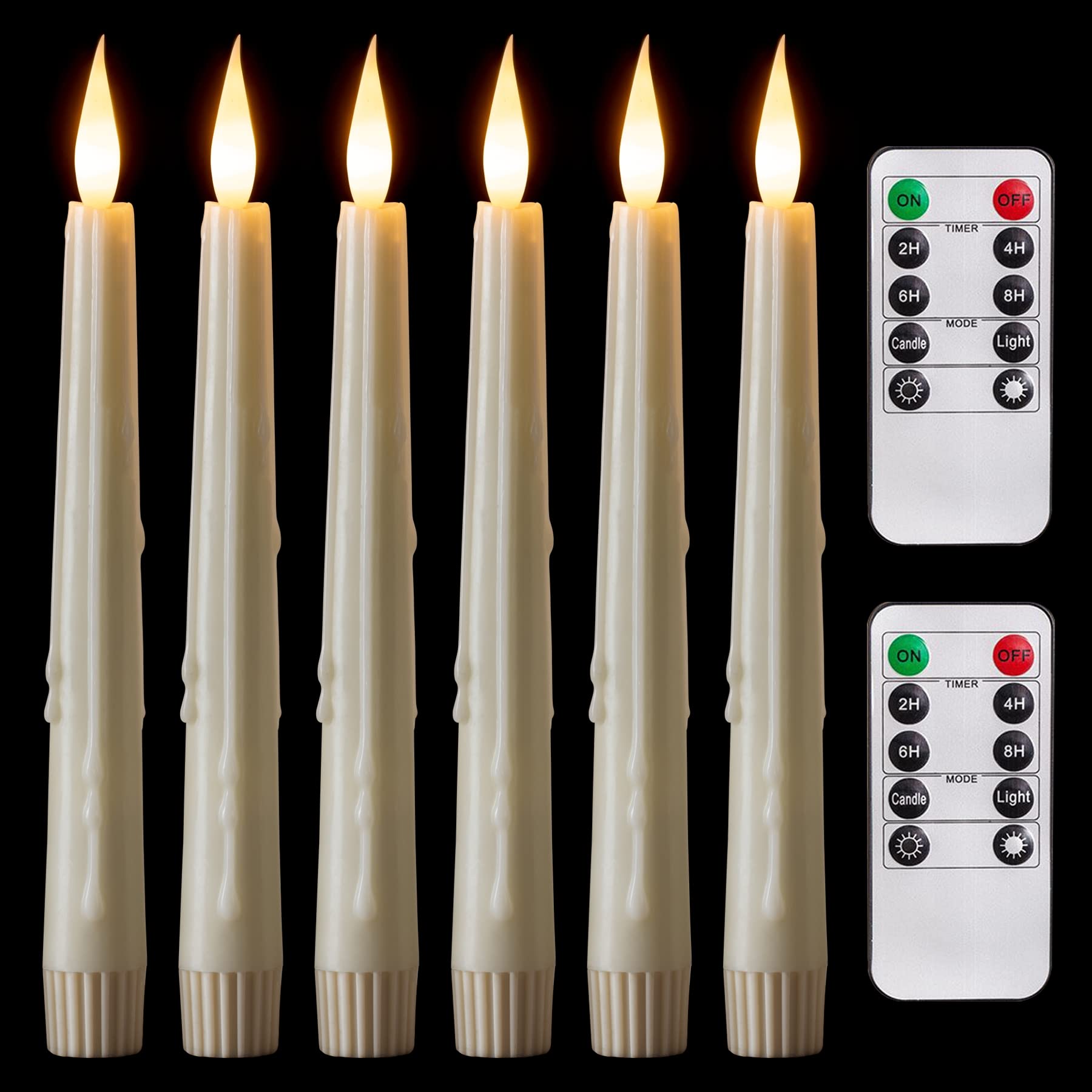 5pcs 8 Inch Ivory Flameless LED Candles with Remote & Timer - Battery Operated Real Wax Taper Candles with Flickering Flame Effect - Drip Wax Look Window Candlesticks for Home Decor, Christmas, Wedding, Dining Table Centerpiece (6 Pack)