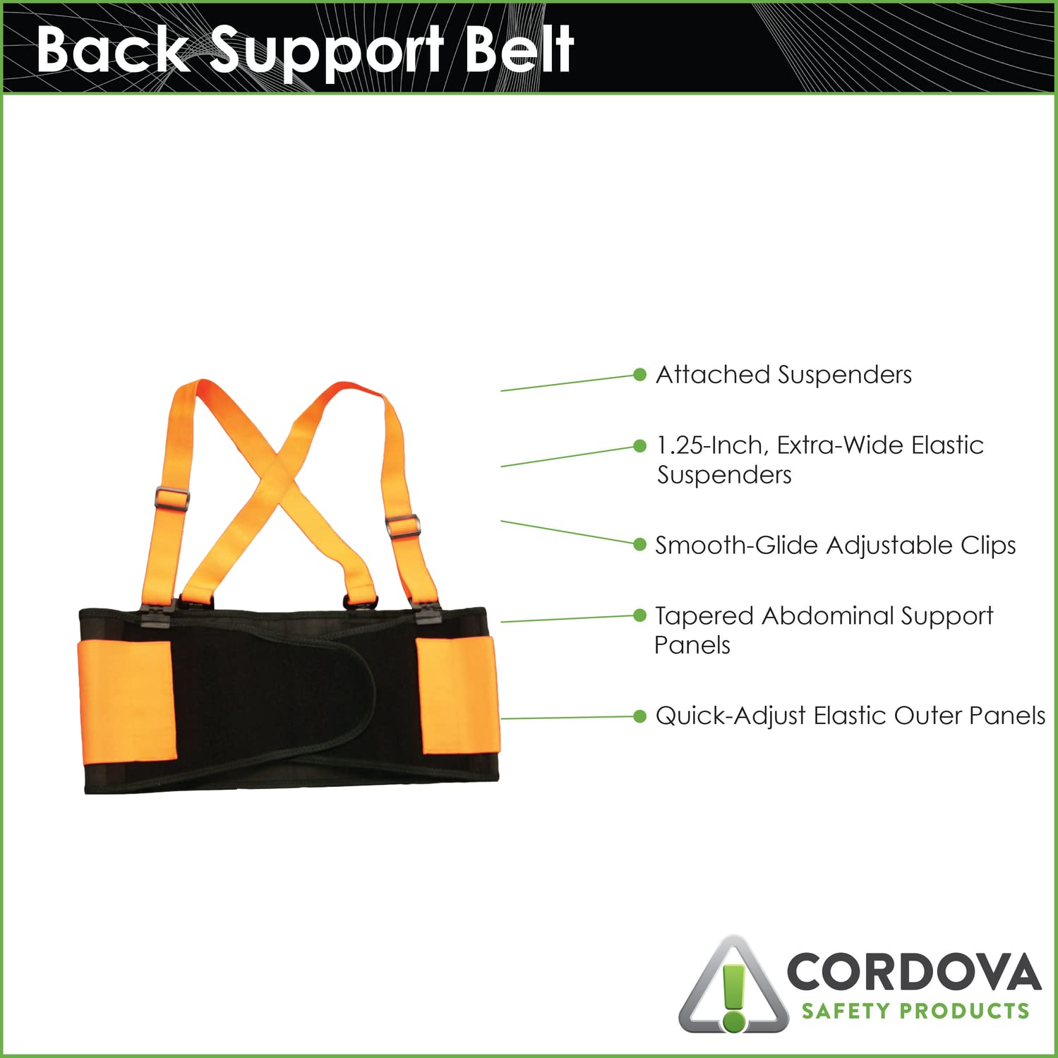 Cordova SB2002XL High Visibility Orange Back Support Belt with Glide Adjustable Clips - 2X-Large, 10-Pack - Ideal for Construction, Warehouse & Safety Work