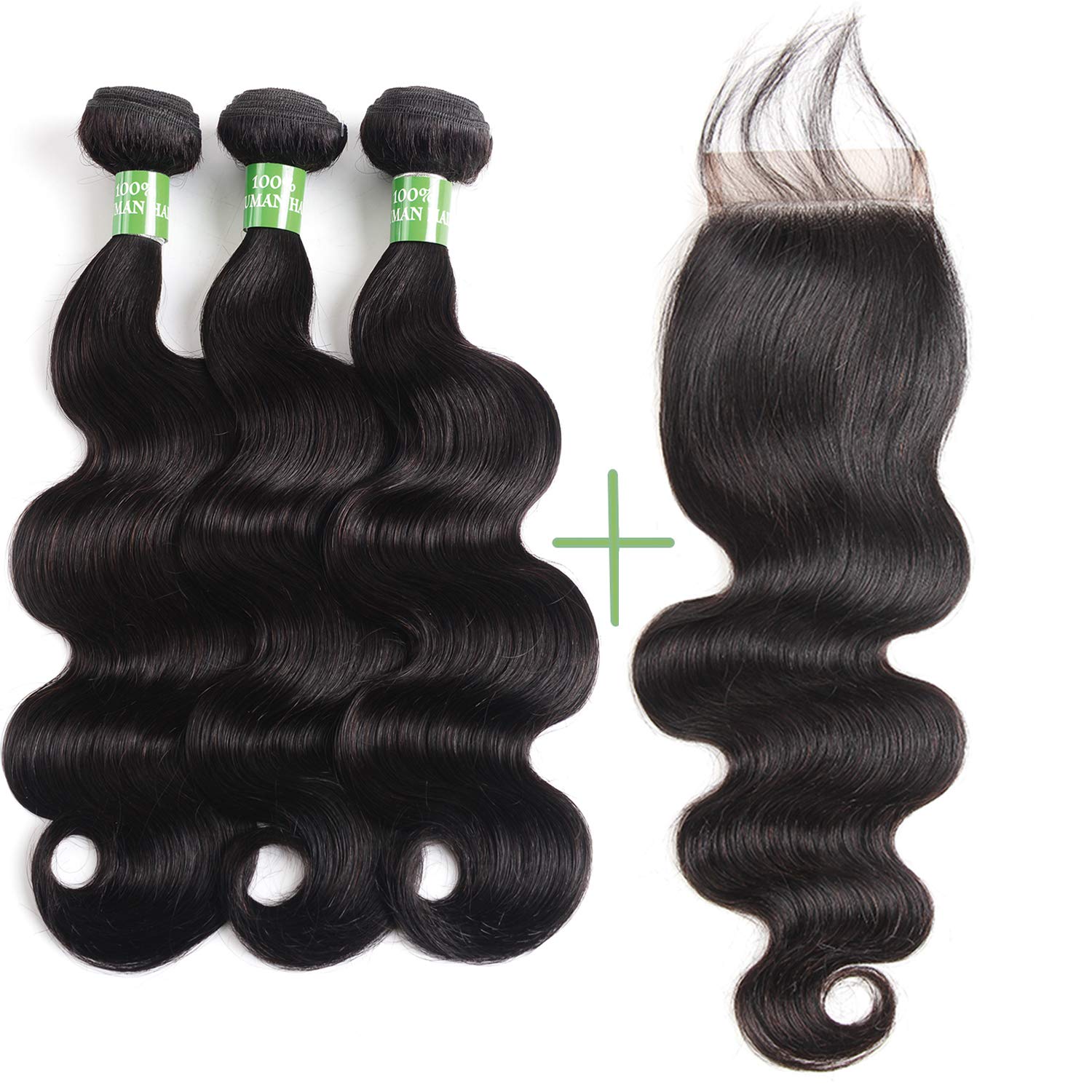 Brazilian Human Hair Body Wave Bundles with Lace Closure (14 16 18 20 Inch) - Unprocessed 100% Virgin Hair Extensions for Black Women - Perfect for Daily Styling, Weaves & Protective Hairstyles