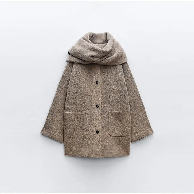 Elegant Women's Wool Coat with Scarf - Warm Winter Long Sleeve Loose Overcoat for Casual Streetwear & Office Outfits | Perfect for Fall, Winter & Holiday Season