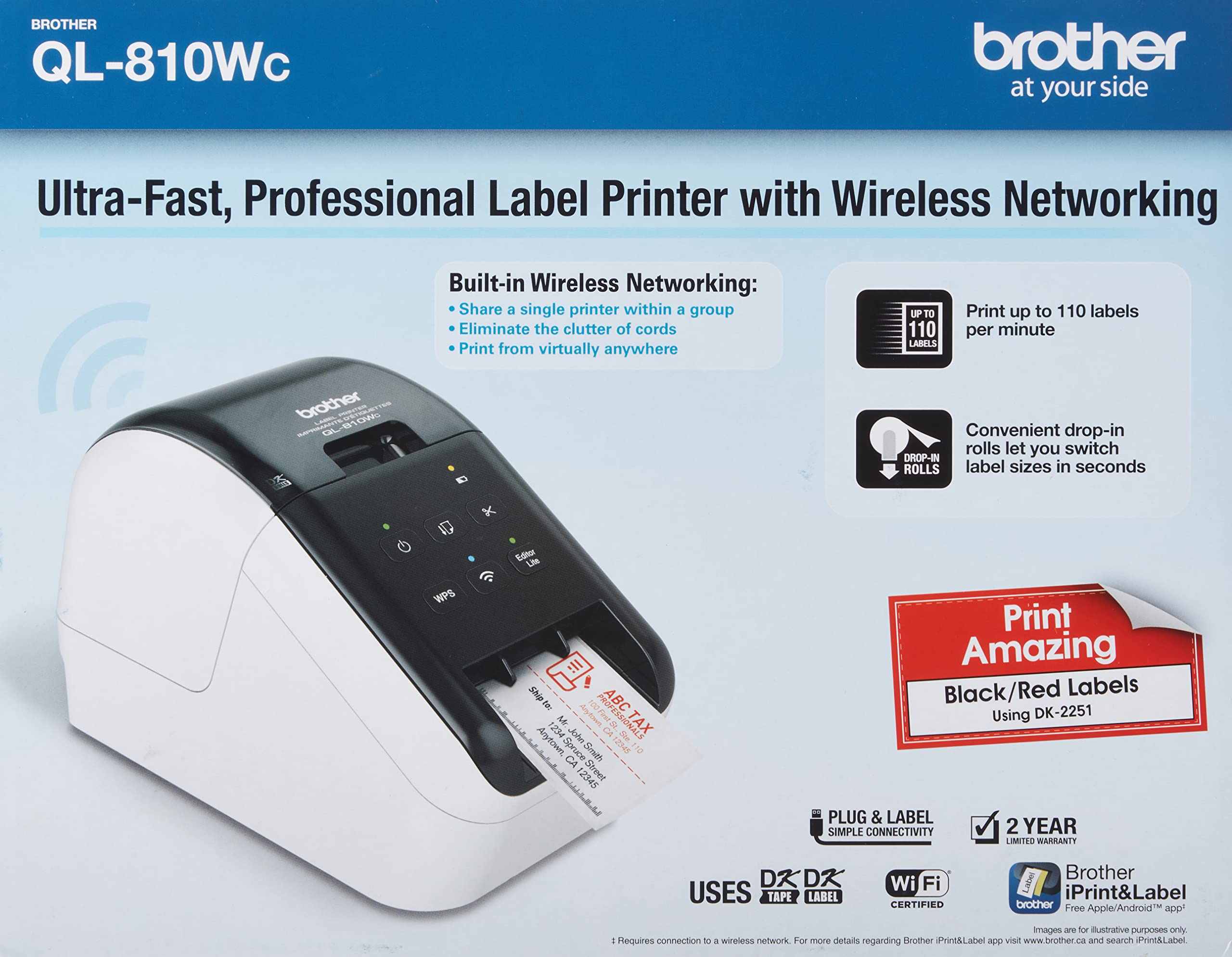 Brother QL-810WC Wireless Label Printer for Home & Office - High-Speed Thermal Label Maker for Shipping, Organizing, Inventory & Barcode Printing
