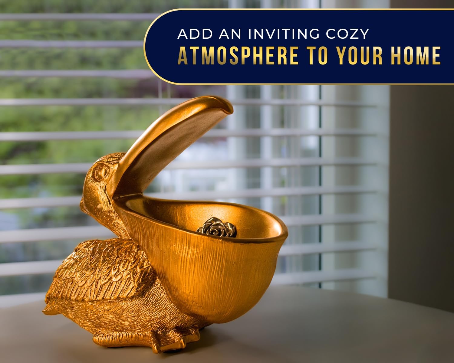 Golden Pelican Decorative Bowl - Elegant Pelican Sculpture with Open Bowl Design for Snacks, Candies, Jewelry & Home Decor - Premium Golden Finish Accent Piece - Perfect for Living Room, Dining Table & Gift Giving