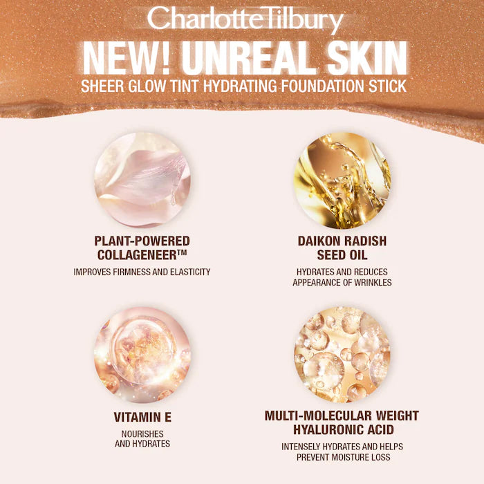 Charlotte Tilbury Unreal Skin Sheer Glow Tint Hydrating Foundation Stick - Lightweight, Buildable Coverage for Natural Glow | Perfect for Daily Wear & Special Occasions