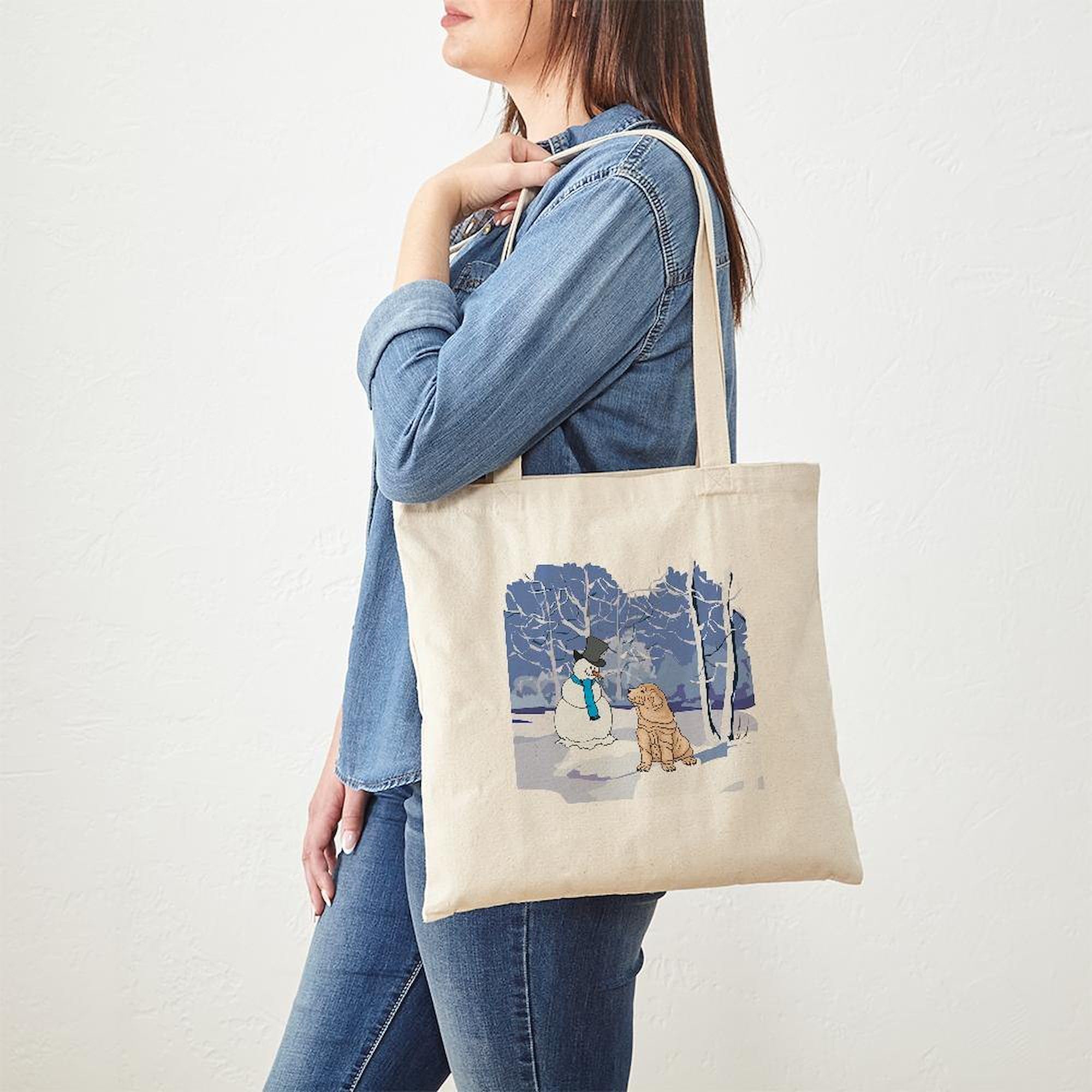 Snowman & Shar Pei Holiday Tote Bag - Natural Canvas Reusable Shopping Bag for Groceries, Beach, Work & Christmas Gifts