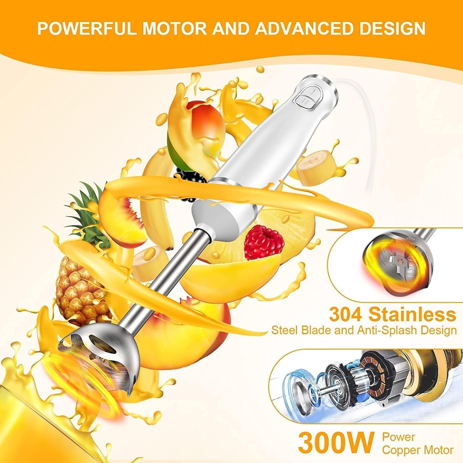 5-in-1 Immersion Blender Handheld Electric - 2-Speed Hand Blender with 16.9oz Food Chopper & 20.3oz Container - Perfect for Pureeing Infant Food, Making Smoothies, Sauces, Soups & Kitchen Mixing