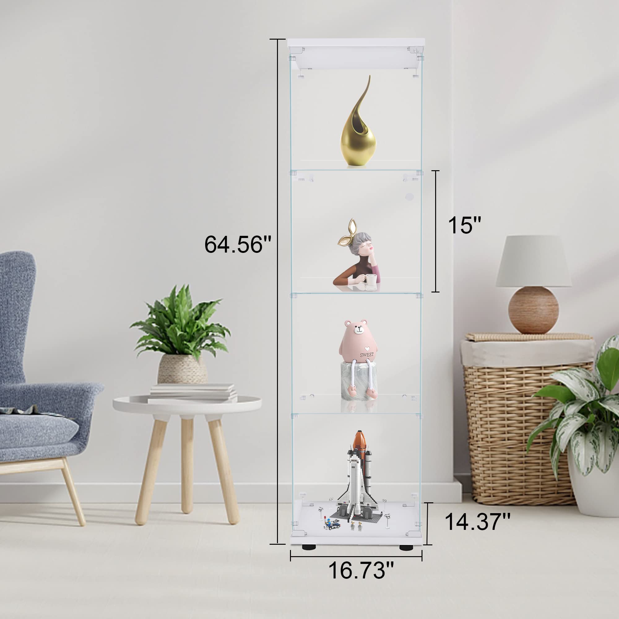 Yoluckea 4-Shelf Glass Display Cabinet with Door - White Floor Standing Curio Cabinet for Home, Office, Bookshelf & Corner Display - Easy Assembly for Collectibles & Decor