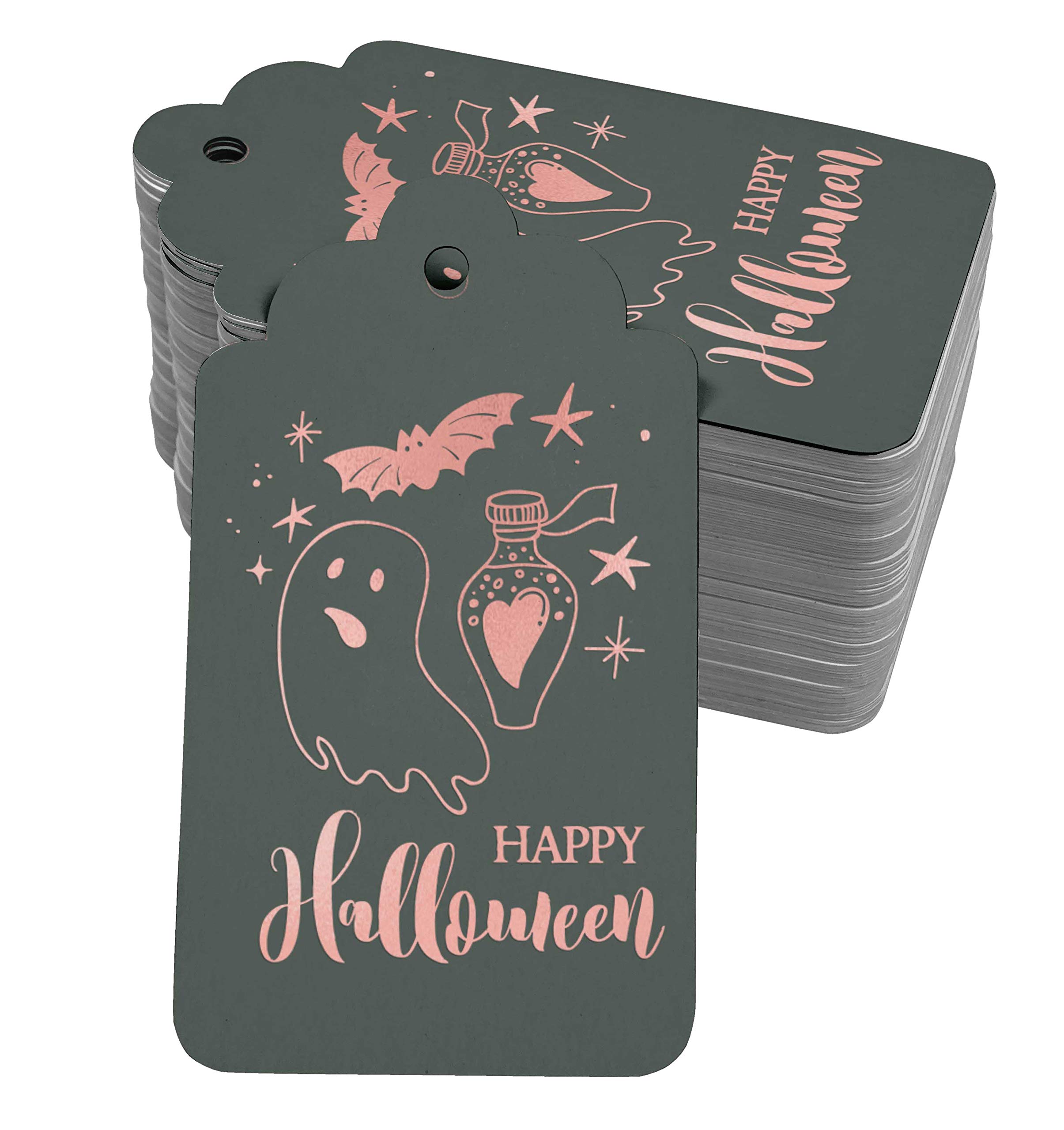 100pcs Happy Halloween Favor Tags - Rose Gold Foil Paper Hang Tags for Party Decorations, Gift Wrapping & DIY Crafts | Bulk Halloween Party Supplies for Trick or Treat Bags, Classroom Treats & Home Decor