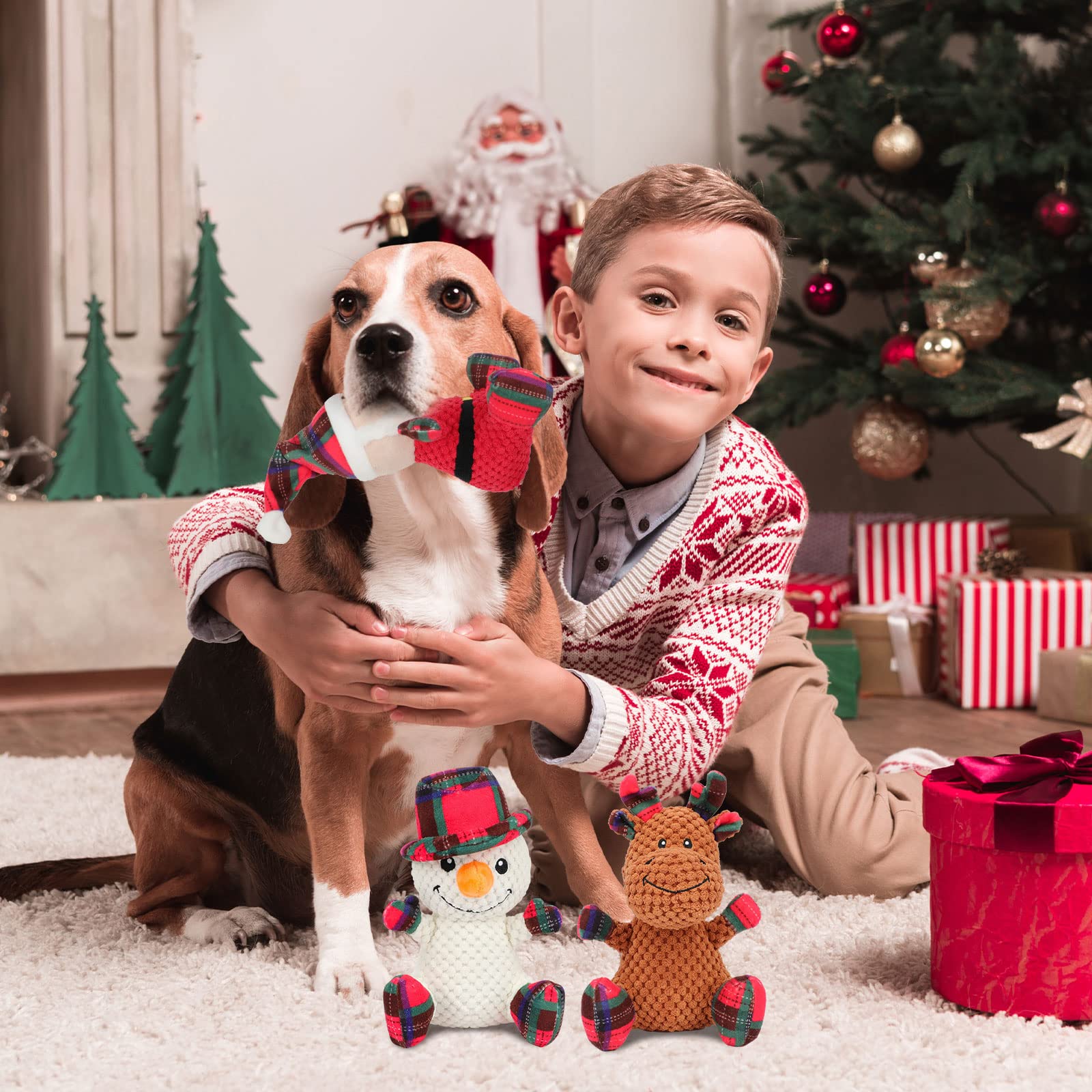 Rypet 3 Pack Christmas Dog Toys - Durable Plush Chew Toys for Small & Medium Dogs - Interactive Pet Stuffed Animals for Playtime & Training