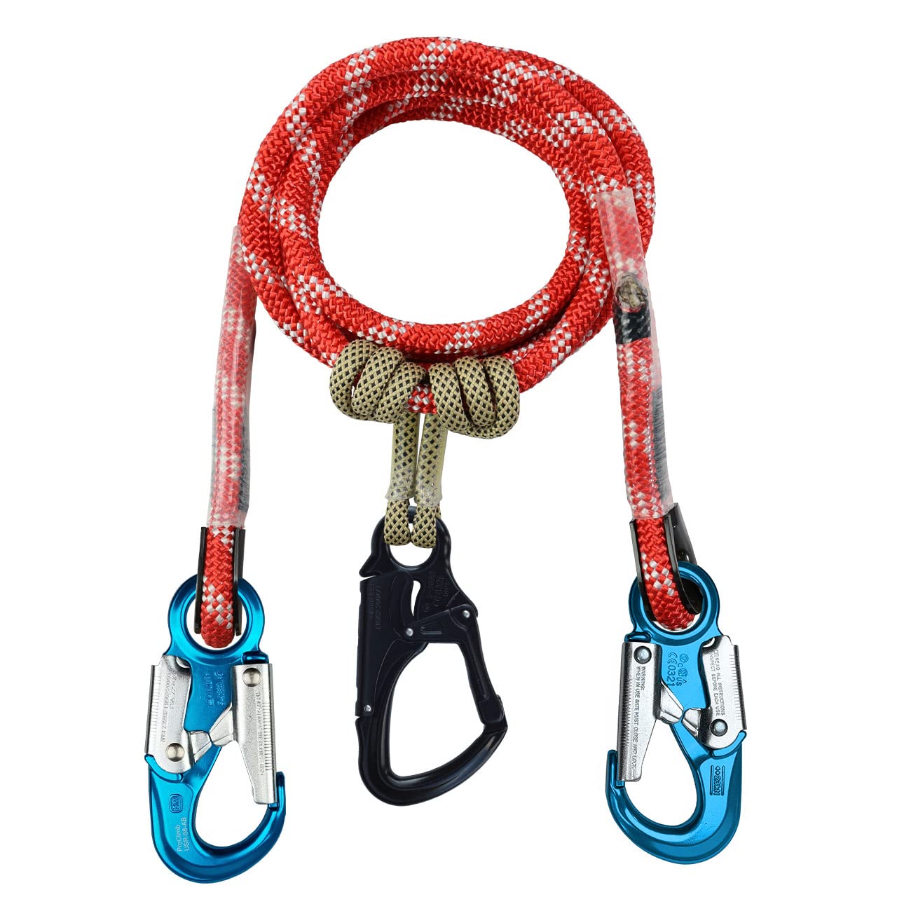 Red-3 2-in-1 Prusik Positioning Lanyard for Rock Climbing & Fall Protection - 1/2 Inch Static Kernmantle Rope (10ft Length, 5,400lb MBS) with 3 Aluminum Safety Snap Hooks - Perfect for Tree Work, Roofing & Industrial Safety Applications