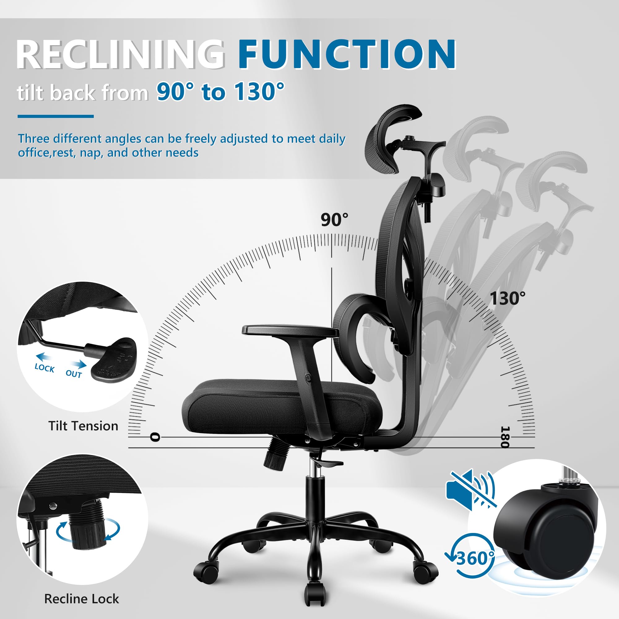 Winrise Ergonomic Office Chair - High Back Mesh Computer Desk Chair with Lumbar Support & Adjustable Armrests, Big and Tall Comfortable Gaming Chair for Home Office (Black) - Perfect for Long Work Hours, Gaming Sessions & Remote Work Setup