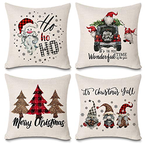Festive Buffalo Plaid Christmas Pillow Covers Set of 4 - 18x18 Inch Holiday Decor with Santa, Truck, Tree & Gnome Designs - Perfect for Living Room Sofa, Bedroom Decor and Cozy Farmhouse Christmas Style