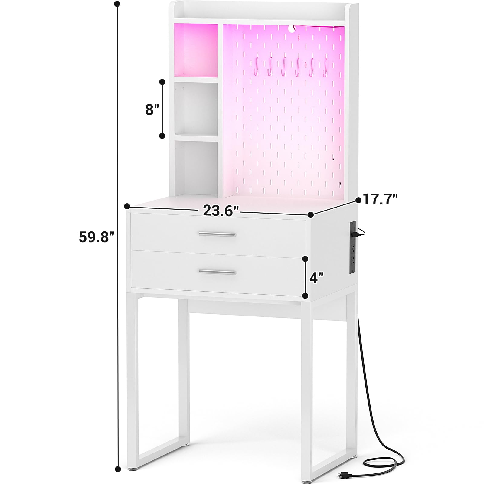 White Vanity Desk with Hutch, Drawers & LED Lights - 24