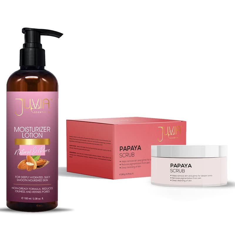 JUVIA ESSENTIALS Moisturizer Lotion 100ml & Papaya Facial Scrub 200g - Hydrating Skin Care Combo for Men & Women | Daily Face Moisturizer & Exfoliating Scrub for Glowing Skin