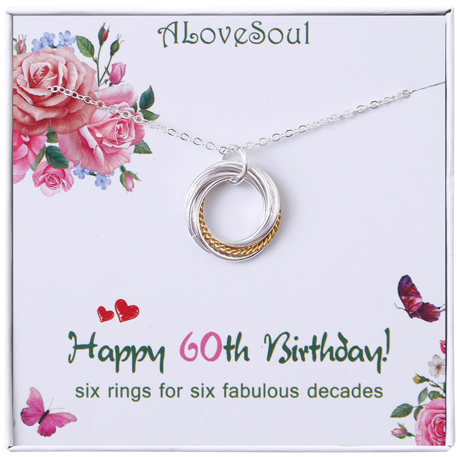 ALoveSoul 60th Birthday Gifts for Women - 925 Sterling Silver Six Circle Intertwined Necklace, 6 Decade Jewelry for 60 Years Old, 1959 Vintage Birthday Gift - Perfect for Anniversary, Mother's Day & Special Occasions