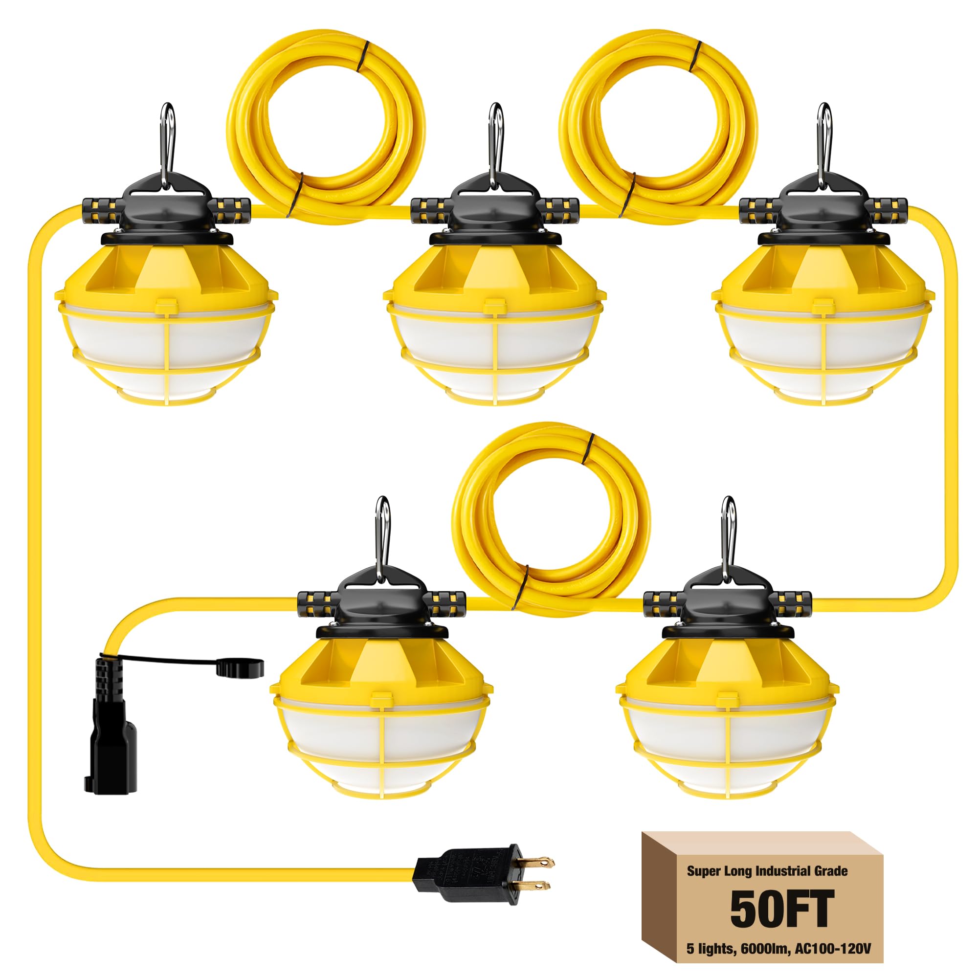 50FT Heavy Duty LED Construction String Lights with Protective Cage - IP65 Waterproof 5000K Daylight Work Lights, 18AWG Wire Linkable Temporary Lighting for Jobsite, Warehouse, Backyard & Outdoor Events (Includes 5 Bulbs & Hooks)