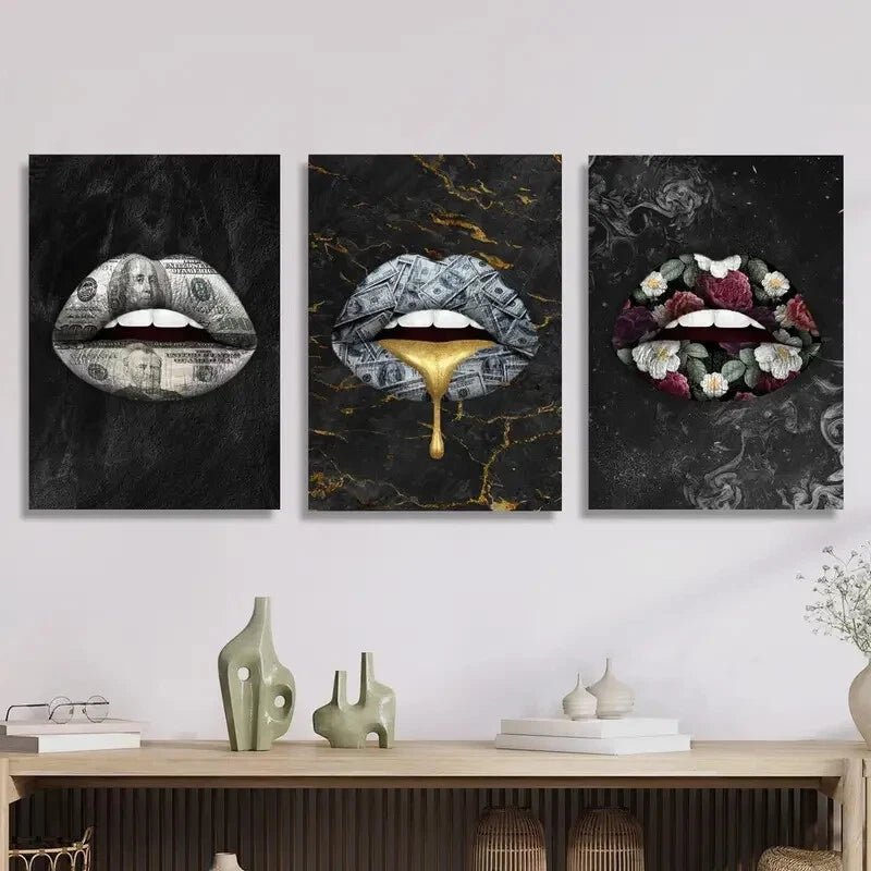 3pcs Money Lips Creative Poster - Golden Expensive Metal Print Wall Art Ready to Hang | Perfect for Home Decor, Office & Gift Giving