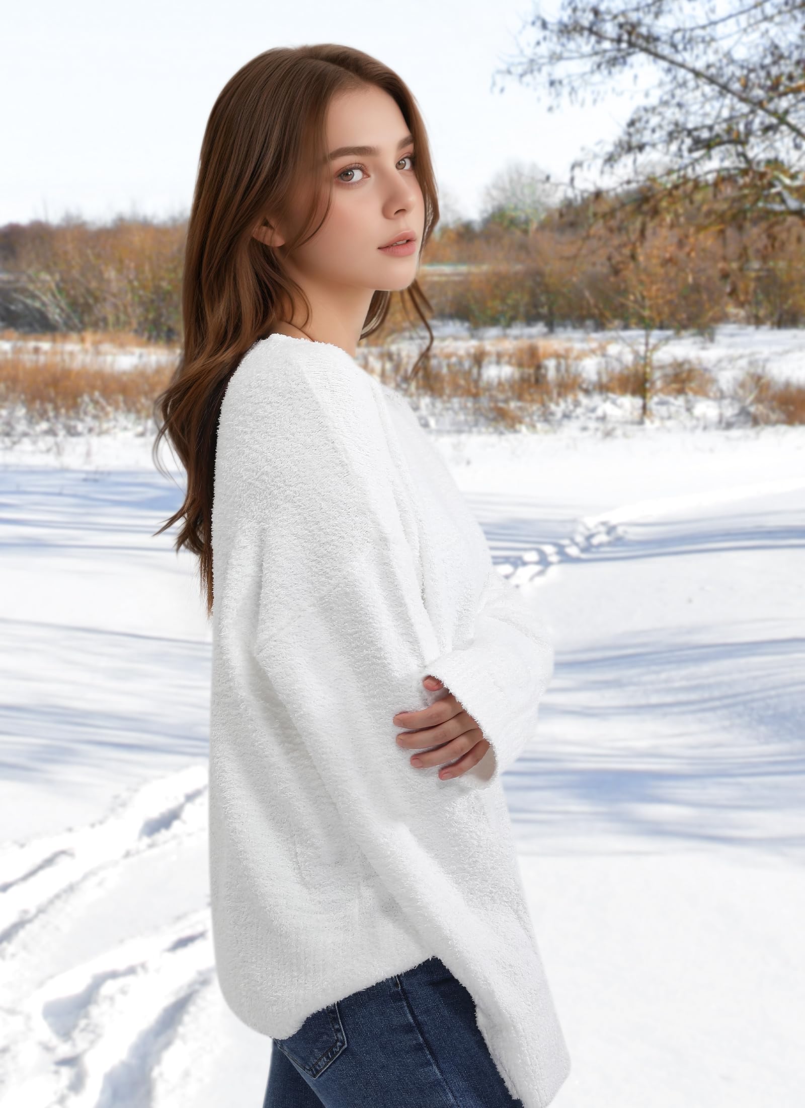 Women's Fuzzy Knit Crewneck Long Sleeve Sweater - Warm Winter Pullover Top for Fall 2025 | Cozy Casual Wear for Office, Dating & Weekend Outfits