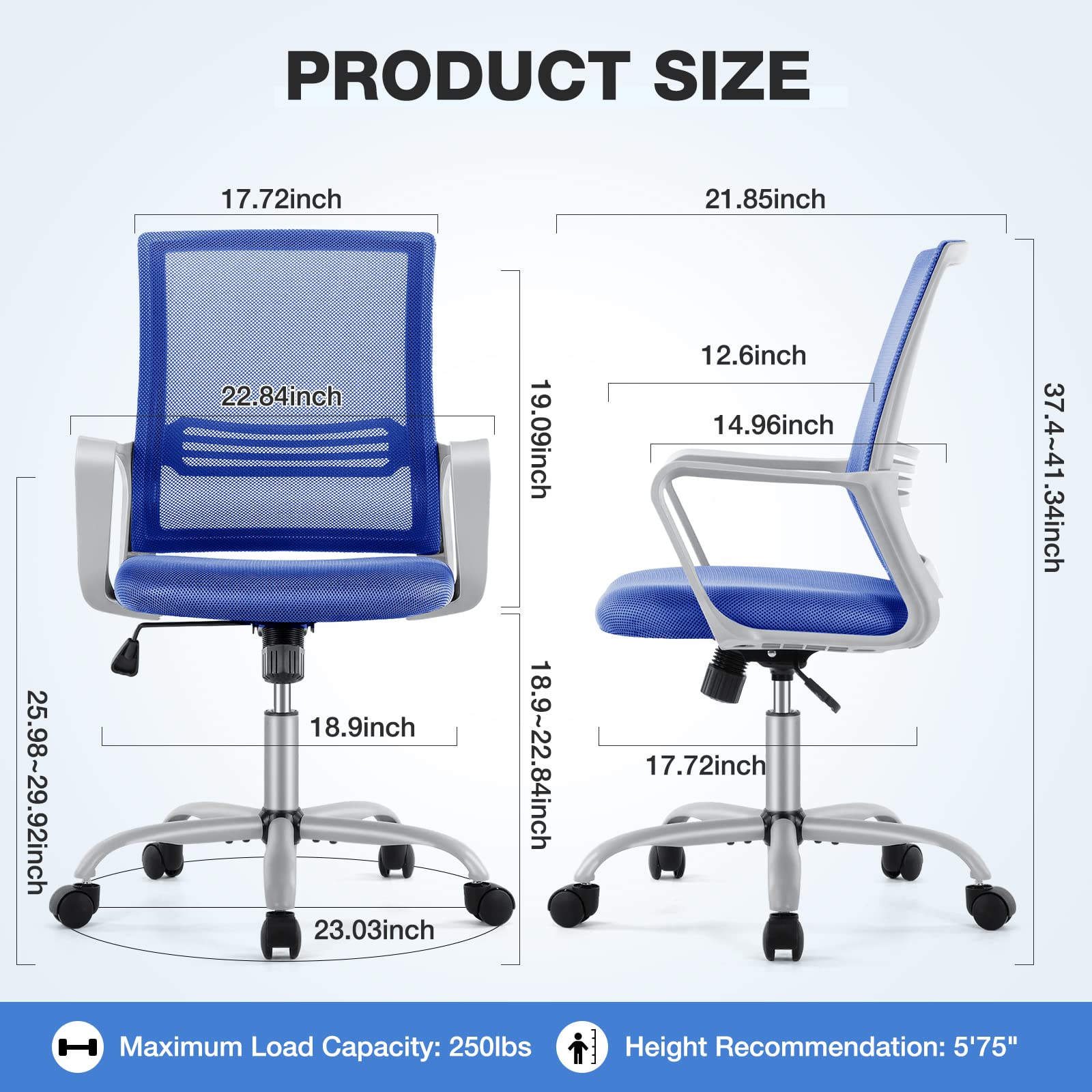Ergonomic Office Chair with Lumbar Support - Adjustable Mid Back Desk Chair with Wheels & Armrests for Home Office, Computer Work, and Gaming - Comfortable Blue Task Chair for Adults