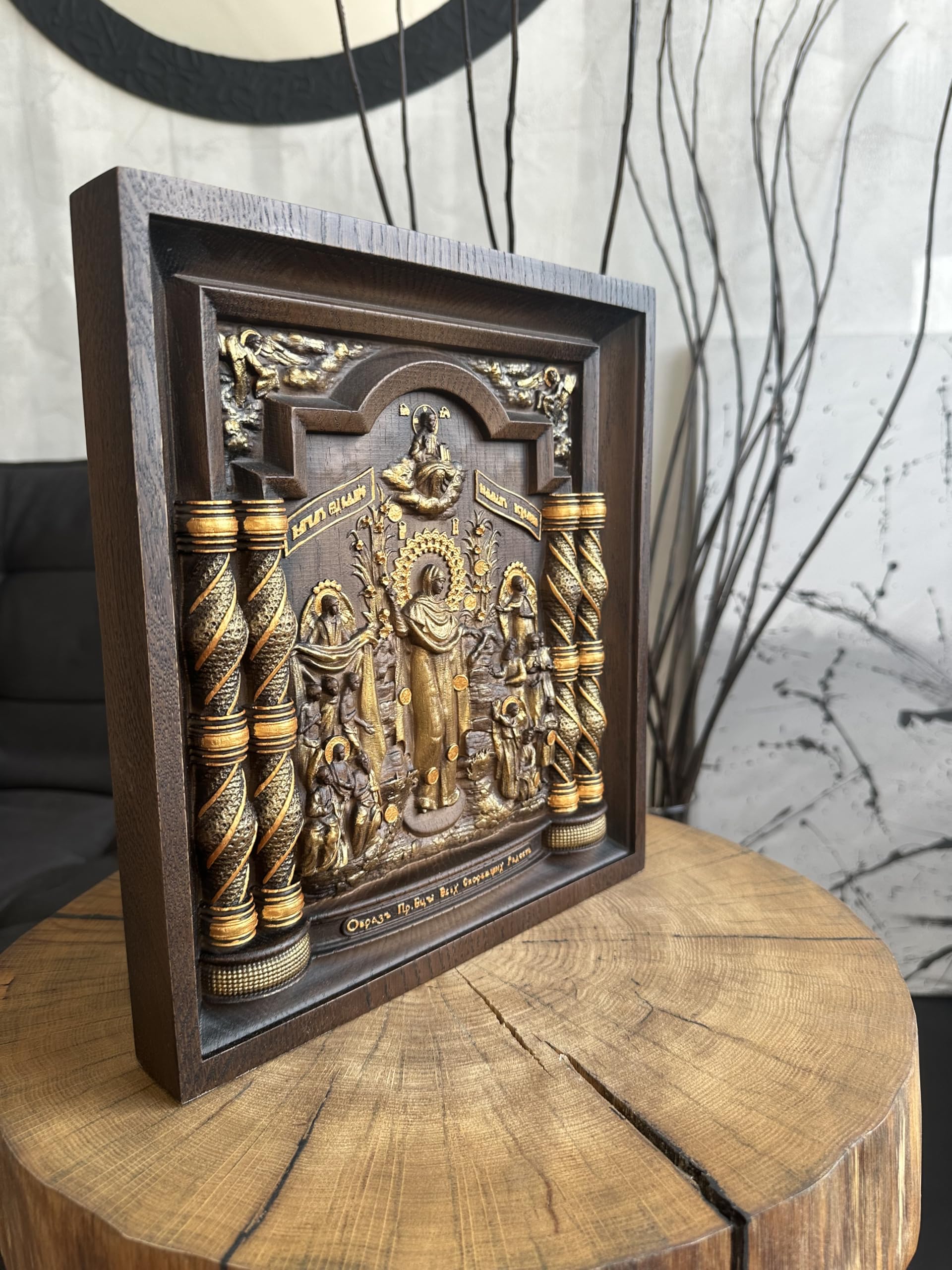 Handmade Virgin Mary The Joy of All Who Sorrow Orthodox Wood Wall Art - Custom Framed Christian Home Decor - Unique Religious Gift for Mother's Day & Christmas - Perfect for Bedroom, Living Room & Prayer Space