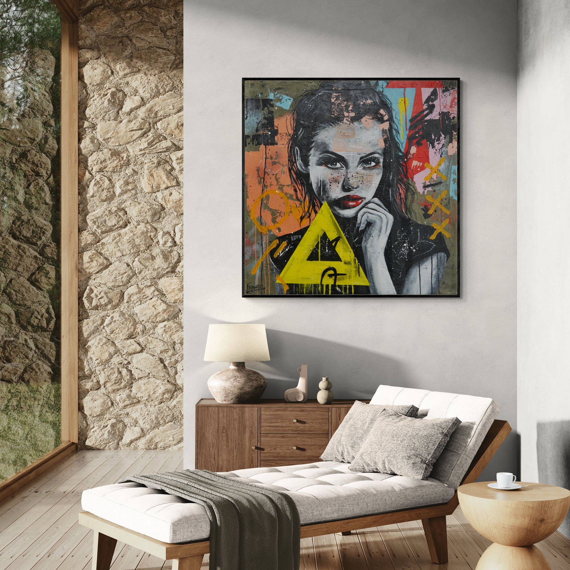Jocelyn 90x90cm Framed Concrete Textured Street Art Canvas Painting - Modern Urban Wall Decor for Living Room, Bedroom & Office